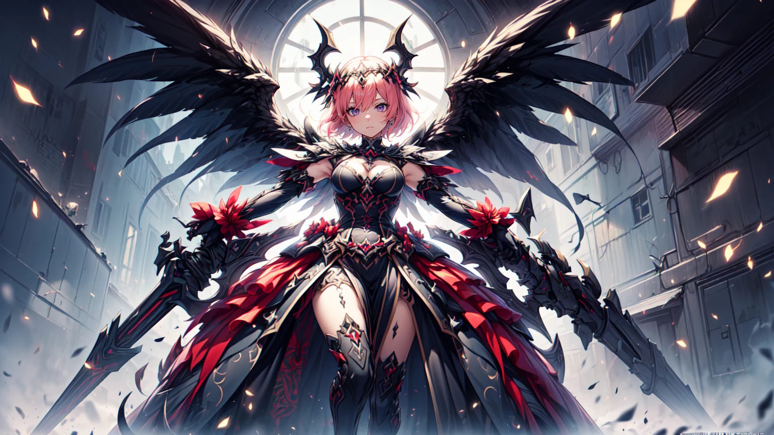 ((Highest quality)), ((masterpiece)), (detailed), (very short hair), ((nsfw)), standing, 
Create an image of a ruthless female character named Calamity Ignis, belonging to the Versatile Order. She has a striking and menacing appearance with an aura of danger. Her hair is long and vibrant, resembling fireworks, with a mix of bright colors like red, orange, and yellow. Her eyes are sharp and predatory, glowing with a sinister light. She has a lithe and athletic build, with an air of agility and strength. Her cheeks are slightly flushed, and she has a wicked smile on her face, showing her delight in the chaos she causes.

Background: Set in a mystical, swirling vortex of energy with floating red threads and glowing symbols, creating an otherworldly atmosphere.

Pose and Expression: She stands confidently, holding a deadly weapon like a spiked chain or dual blades, ready for combat. Her expression is a mix of cruelty and delight, with flushed cheeks and a wicked smile that shows she enjoys the chaos and destruction she causes. Her eyes should reflect a sense of malicious joy, and her posture should convey readiness for action.

Outfit: Inspired by the provided image, she wears a detailed bodice with intricate gold embroidery and vibrant red and orange accents. The outfit includes a short skirt with high slits, revealing long, flowing ribbons and decorative elements. She has a fox mask as an accessory and other ornate decorations like flowers. Her outfit should have a mix of traditional and modern elements, combining intricate patterns with sharp armor pieces.

Additional Details: Her weapons should be detailed and menacing, reflecting her brutal nature. The spiked chain or dual blades should have intricate designs and a realistic, lethal appearance. The background should enhance her dangerous aura, with dramatic lighting and shadows that highlight her menacing presence. Her overall appearance should be dynamic and unsettling, capturing her ruthless and chaotic nature. The elements in the backgro