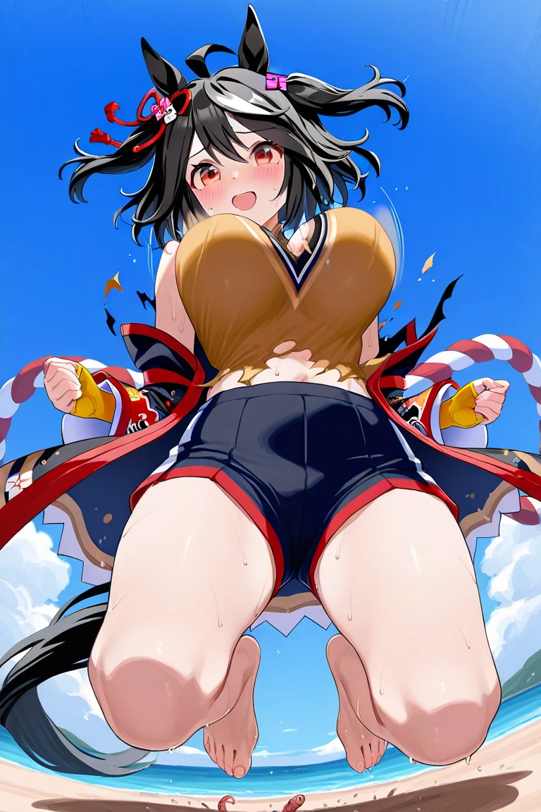 ((18yo)), (chubbily:1.2), light brown hair, standing one leg, rise another leg, rounded face, hide arms, shirtless, (thigh:1.2), no bra, on the stage, (look at viewer:1), upper body, (smile:1.2), (micro mini panties:1.3), (from below:1.4), (white panties:1.3), (raise one leg 180 degrees:1.3), (standing on another leg:1.3),All breasts out ,No Cloth ,No underwear ,Very Tall ,Oily skin ,Huge erect breasts ,Raised crotch ,Huge breasts ,Red lips ,Tsurime ,Bangs ,Hairs between eyes ,Asymmetrical bangs ,Long bangs ,Voluptuous beauty milf ,Gallant eyebrows ,Attractive mature ,Pointy Nips ,Giant nips ,Pointy breasts ,The woman is 34 yo ,Skin dripping with sweat ,Giant breastsBreath steam ,Heavily oiled ,Oily gleaming skin,Gleaming skin ,abs ,Skinny ,Tall head ,Blonde hair, Red eyes ,Red Choker ,High heels ,Pin heels ,Long hair ,Big tits ,Very large tits ,Almond eyes ,Small head ,Wide eyes ,Narrow horizontal eyes ,Smaller iris ,Dark pink hairline ,Pink at the tips of hair ,Lofty (high) nose ,Muscular arms ,Slender arms ,Long arm ,Very long legs ,Muscular legs ,Very thin waist ,Long torso ,Plump thighs (Like those of a Japanese woman) ,Bewitching look ,Broad shoulders ,Height: 187 cm ,Hips are 147cm ,Bust is 147 cm ,10 head fashion figure ,Bunny suit ,Shiny stockings ,Armpit showing ,Sweating ,Sweat splattered all over the place ,Garter belt ,High-leg shirt ,Wedgie ,Cool expression ,Thin ankle ,Slender and smartly shaped woman ,Muscular shins ,Japanese sword ,Drawing a Japanese sword ,Tight-fitting suit ,Bushy eyelashes ,Eyeshadow ,Clavicle ,Sternocleidomastoid muscle, on the beach