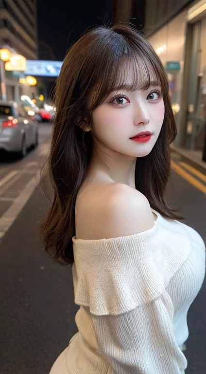 table top, highest quality, shape, Super detailed, finely, High resolution, 8k wallpaper, Perfect dynamic shape, beautiful and detailed eyes, D cup, natural color lip, random sexy pose,smile、20 year old girl、midnight、Beautiful and dense face、perfect and beautiful face,Big eyes、real photos(best image quality),Sheer off-shoulder dress (black)、looking at camera、Please stand、Do gal makeup,blurred background