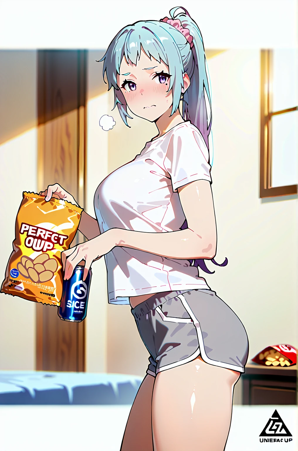 (sawayaka_samehada-style), (zonda_(solid_air)-style:0.8), anime coloring, ((Cinematic, unreal engine, eye-catching, ambient occlusion, UHD, masterpiece)), ((perfect lighting, dim lighting)), comic, score_9, score_8_up, score_7_up, score_6_up, score_5_up, score_4_up, uncensored, detailed background, vignetting, high quality, absurdres, best quality, very aesthetic, newest, digital art, trending on ArtStation, ((anatomical correct)), perfect body, perfect eyes, perfect fingers, gasping, heavy breathing, gasping profusely, ((skindentation)), ((curvy)), high ponytail, long hair, multicolored hair, light blue hair, purple hair, purple eyes, mole under eye, hair scrunchie, pink scrunchie, plump, 1girl, shorts, dolphin_shorts, solo, can, shirt, looking_at_viewer, white_shirt, holding, short_sleeves, blurry_background, food, blurry, short_shorts, grey_shorts, breasts, indoors, holding_can, cowboy_shot, snack, from_side, chips_(food), standing, t-shirt, ((embarrassed)), blushes, blush face, wavy mouth,