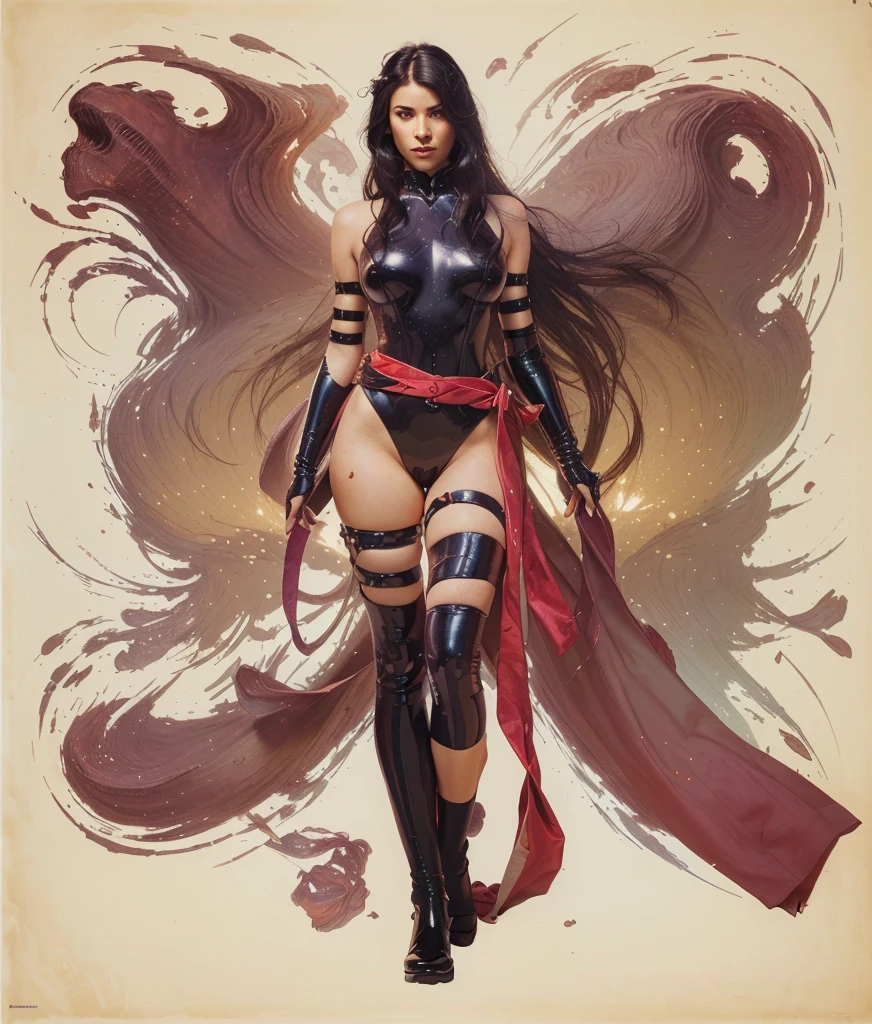 Illustration art，Whole body movement，Sexy woman in sexy clothes，Female killer balls hair style，Very cool facial expression，the sideview，with his back to the viewer，Gorgeous background，Great erotic art，painting art，Sexy art，Detailed body part details，long leges，Inspired by J.c.Ryan Decker，Epic European and American illustrations，Tall，The whole body is evenly sexy