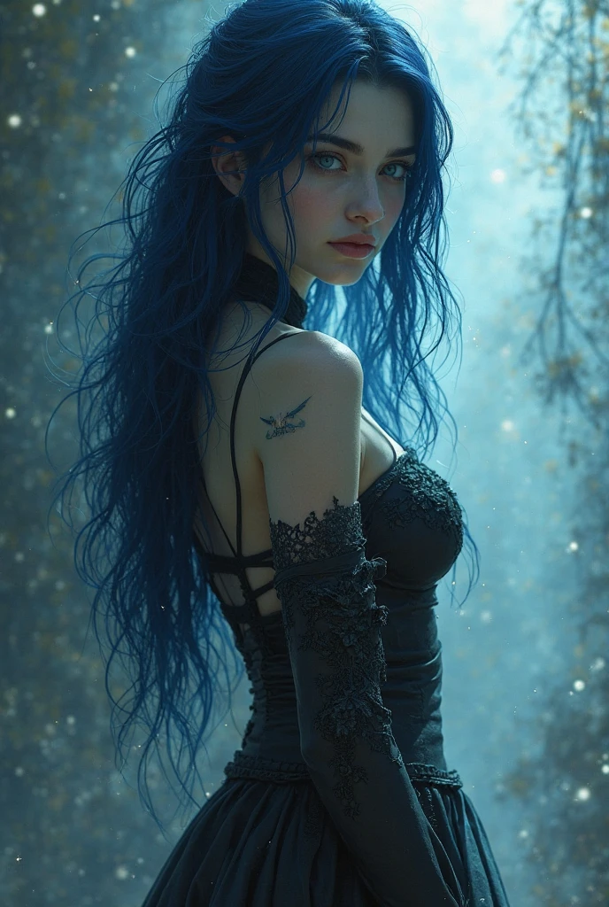 (photorealism:1.2), beautiful woman, forest, goth dress, long blue hair, dark lighting, plants background, moonlight, relaxed pose, realistic, intricate details, cold colors, cinematic lighting, dramatic atmosphere, ethereal, mystical, surreal, fantasy, enchanted, elegant, captivating