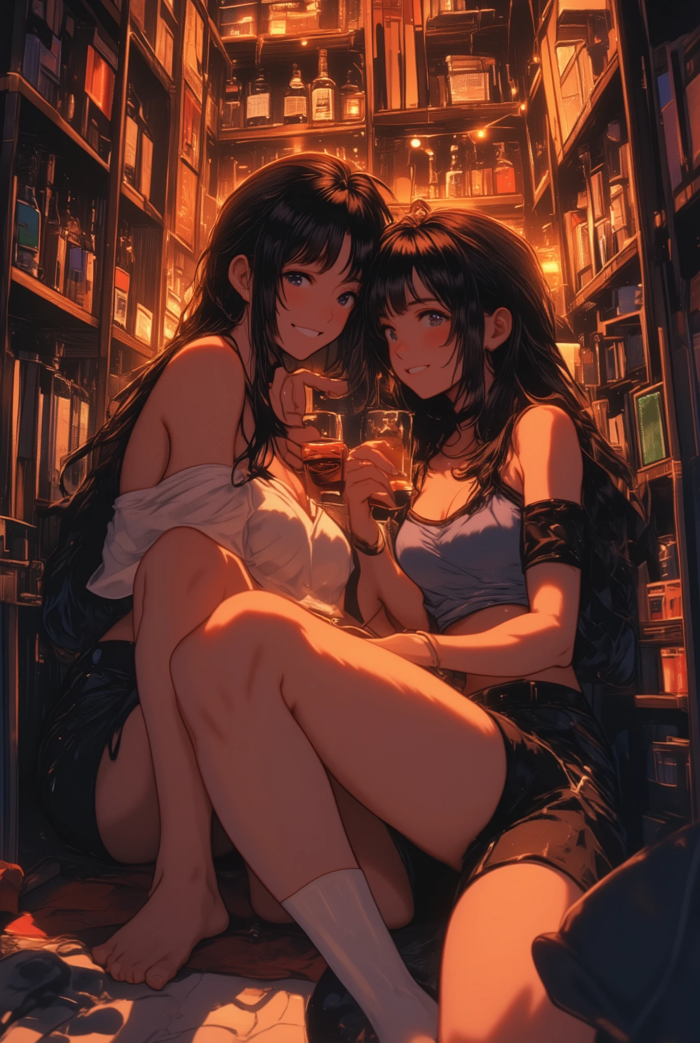 2girls, 22 years old, getting drunk, very drunk, on the floor, lying on the floor, from above, sleeveless, camisole, drolling, clothes lift, bra, knock out, steam, hot summer, beer cans on the floor, cleavage, sweaty, grabbing breasts