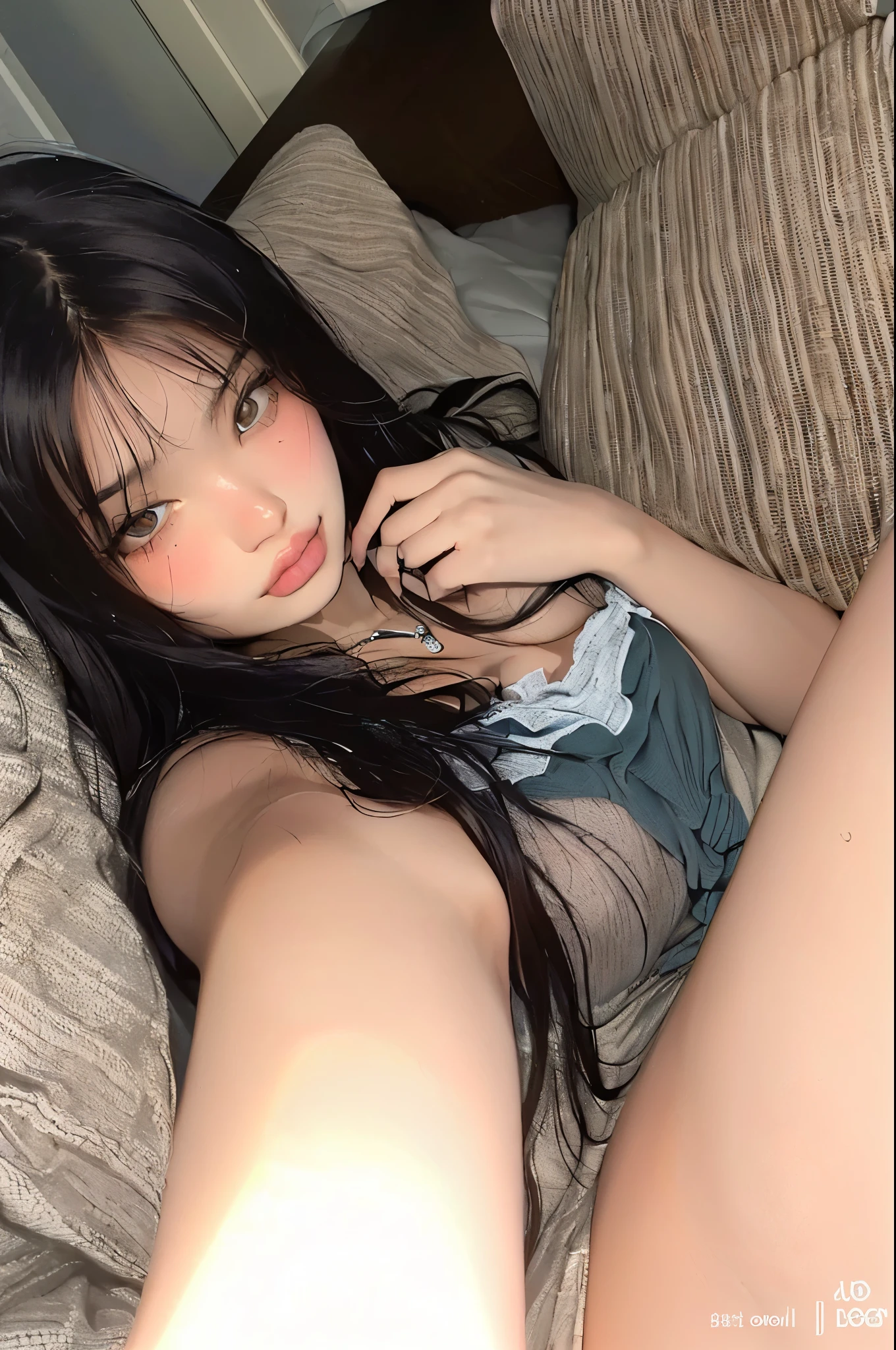 Caucasian woman, blue-black hair, blue eyes, wavy hair, long hair, athletic body, standing, woman in blue underwear, thong, (((topless))), inside bedroom, selfie pose.