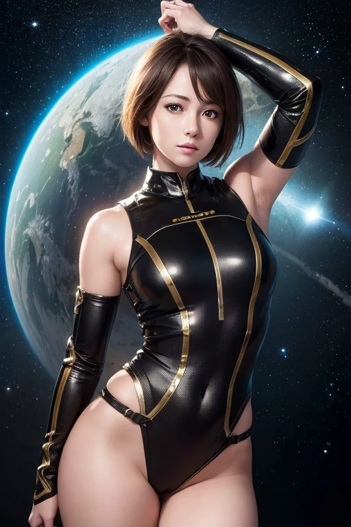 (RAW Photos, Highest quality), (Realistic, Photorealistic:1.3), 1 Girl, Bobcut、Earrings、smile、Realisticbody,Old space costume、Ancient、Boulder、Ancientの儀式、Pyramid-shaped UFO from outer space、Laser light、