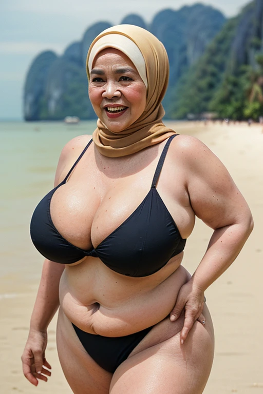 77 Years old, Malaysian mature woman, wearing Hijab, lace swim suite, naked at flood, BBW CHUBBY PLUMPERS SMILE FAT