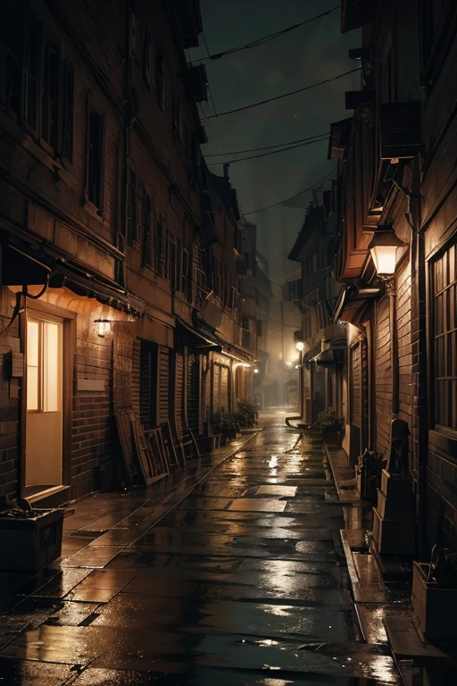 (Armageddon),Dilapidated city,Plants climbing all over the walls ,Night,raining heavily,Black rain,Dilapidated streets,Dimly lit alley,(gloomy lighting),relic,(Dilapidated buildings),(Uninhabited city)