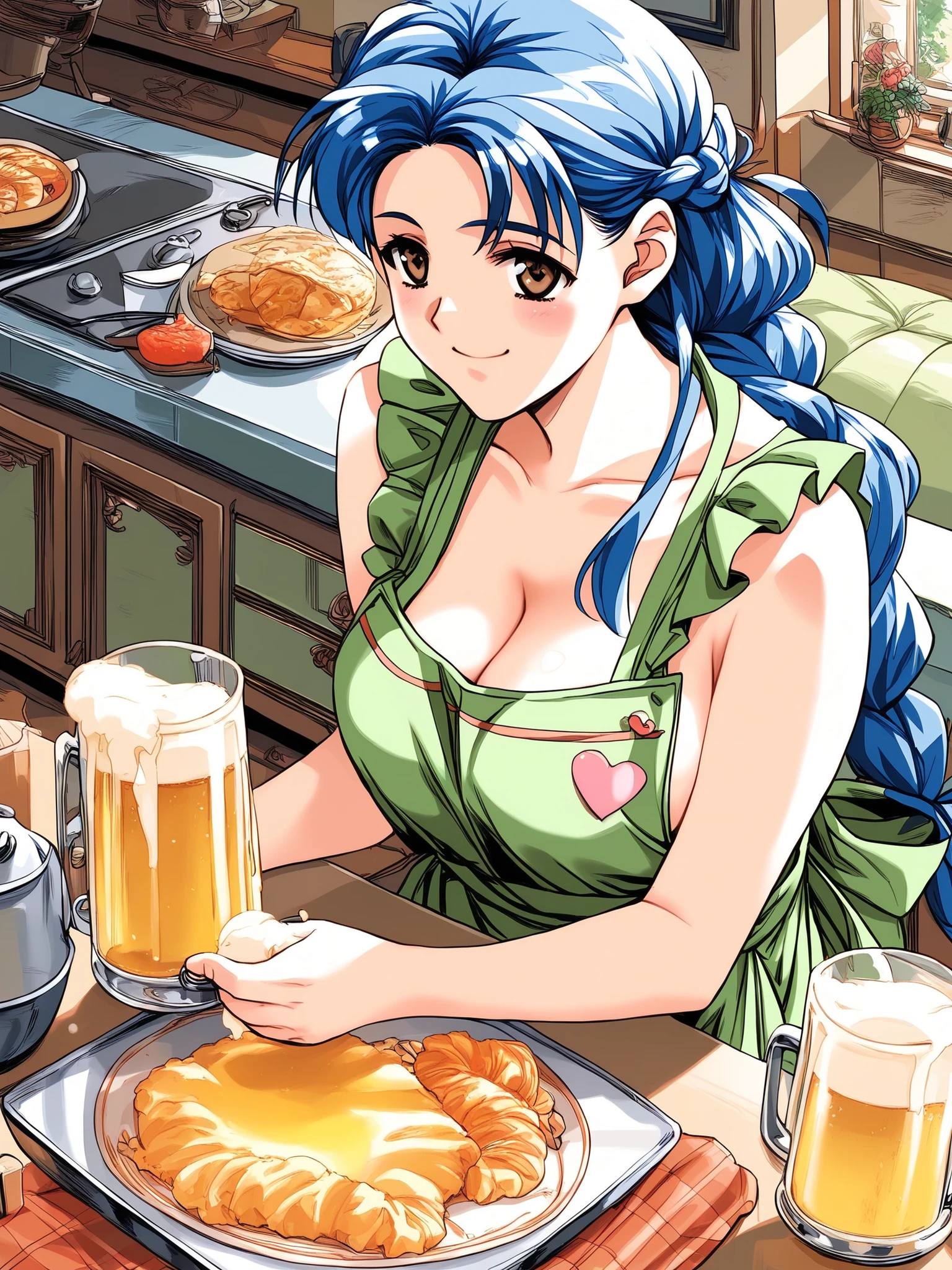 cooking,beer,dumpling, eats,Yakitori,(Highest Quality, masterpiece,sleeveless,naked apron,),Alluring,Married Woman,40 years old,cleavage,Ultra Details,very aesthetic,best arm, Narusawa Misako, blue hair, long hair, brown eyes in the bedroom, big breasts,pink heart shaped apron, indoor, braid, tables,Sofa, (viewers looking straight up), skirt for ears, smile,