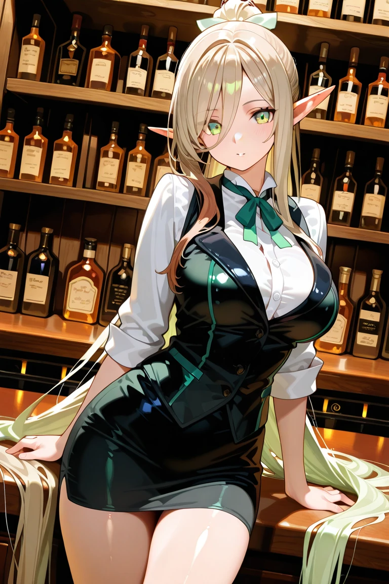 1lady, ears like an elf, medium light green eyes, slightly slanted, ponytail, absurdly long hair, shiny brown hair, light green ribbon, bartender clothes, in a small bar with only one counter, viewer in distance,