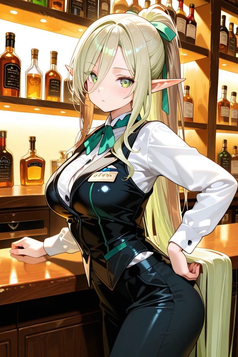 1lady, ears like an elf, medium light green eyes, slightly slanted, ponytail, absurdly long hair, shiny brown hair, light green ribbon, bartender clothes, in a small bar with only one counter, viewer in distance,