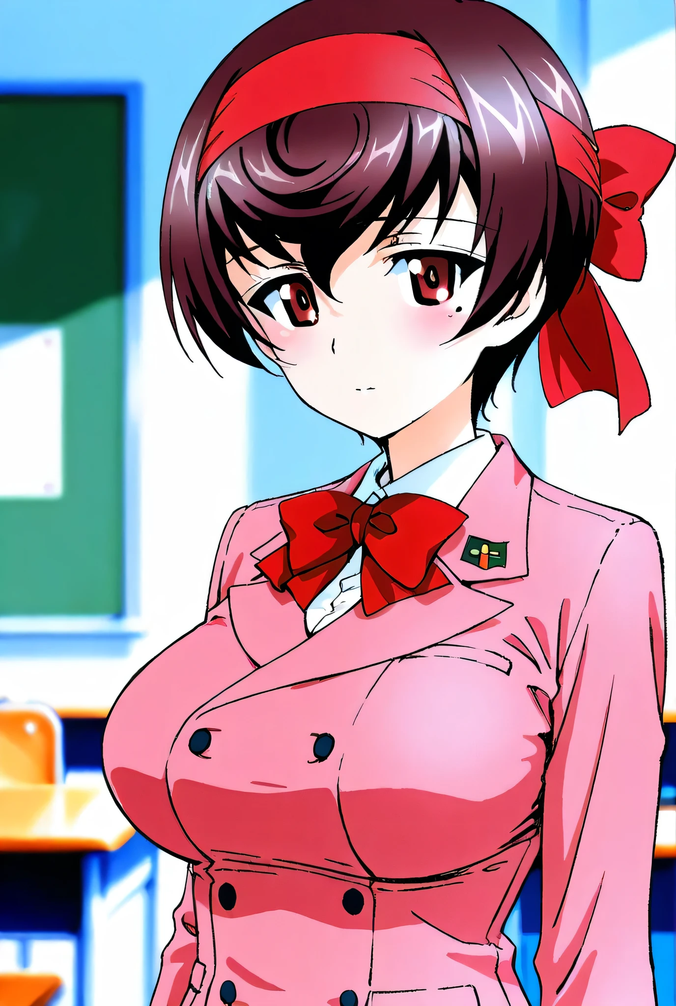 Makimura,(big breasts:1.5),shiny,hair,((alone)),((masterpiece)),((highest quality)),perfect anatomy,slim waist,perfect image,8k uh,(detailed and beautiful eyes:1.5),highly detailed face,Are standing,(Upper body:1.1),(look ahead:1.1),back arm,Super detailed,disorganized,High resolution,brown hair,medium hair,indoor hall,light smile,