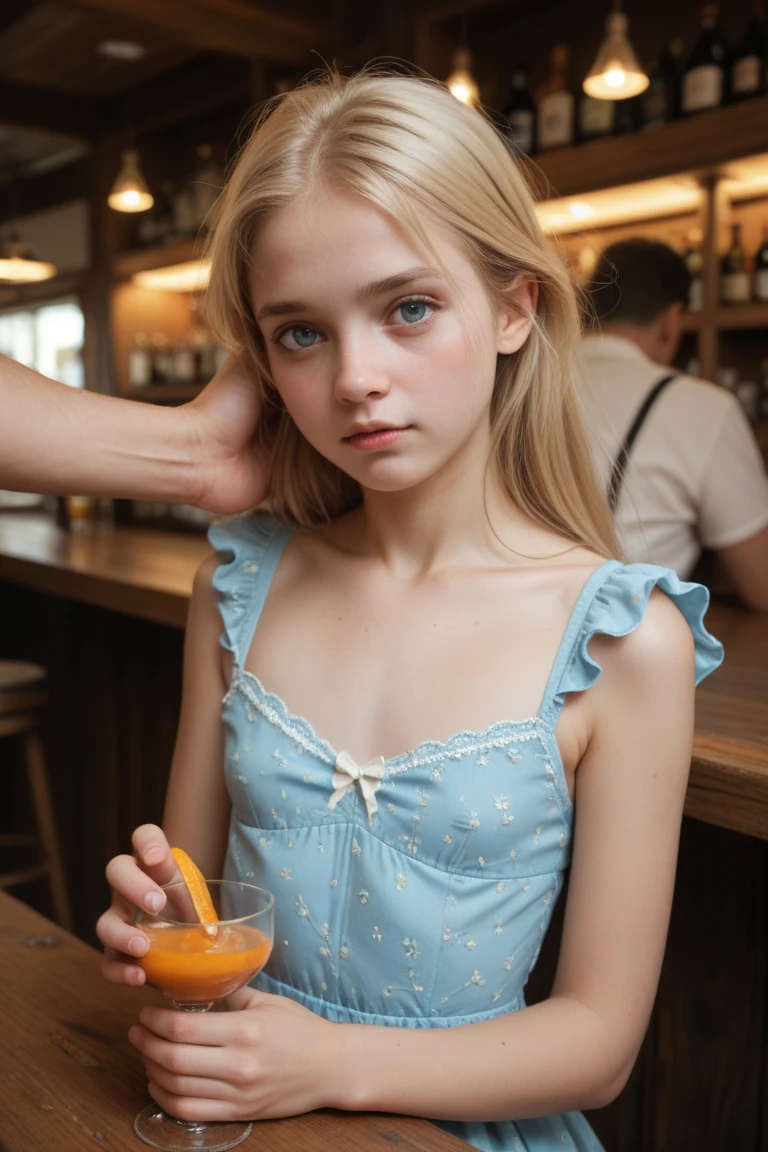 (Cute tween halfling hobbit), close up, bust focus, natural light, tomboy, skinny, thin, slim, lean, slender, nubile, posing for picture, blonde hair, blueeyes, warm lighting, thinner, perfect lips, fat lower lip, young, youthful, teen, teenager, in a wooden fantasy tavern, dirty brown tavern wench dress, pointed ears