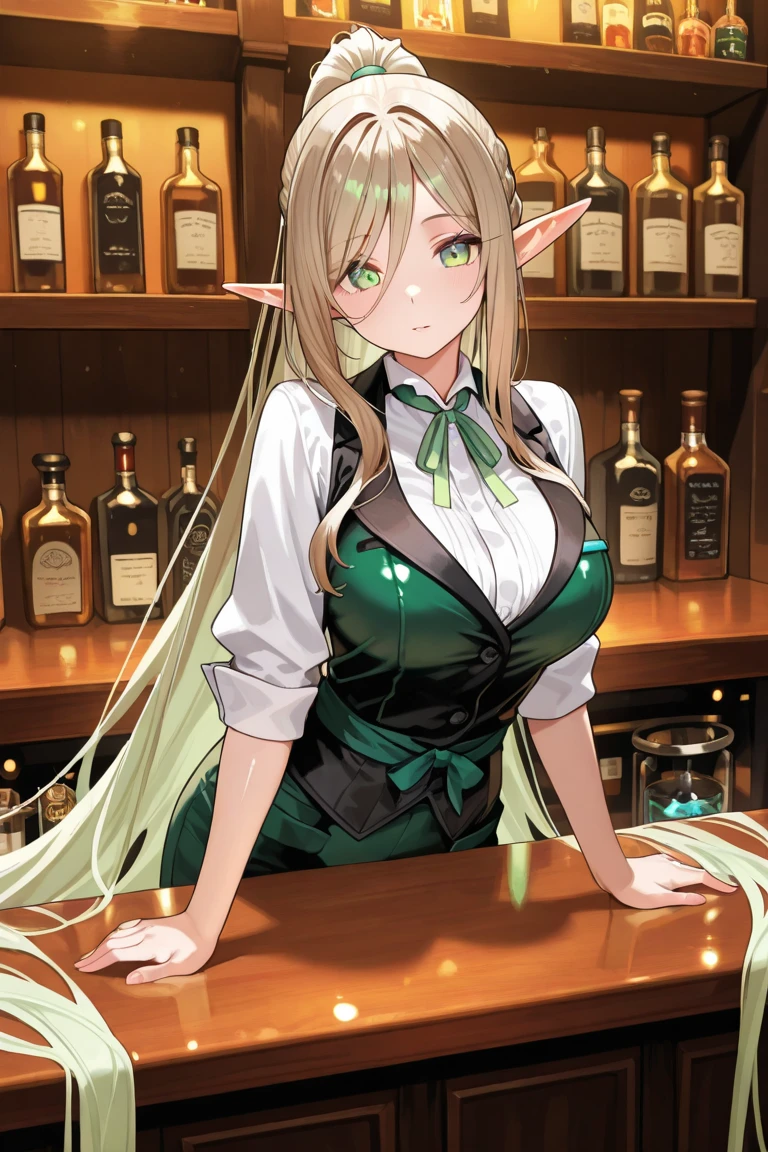 1lady, ears like an elf, medium light green eyes, slightly slanted, ponytail, absurdly long hair, shiny brown hair, light green ribbon, bartender clothes, in a small bar with only one counter, viewer in distance,