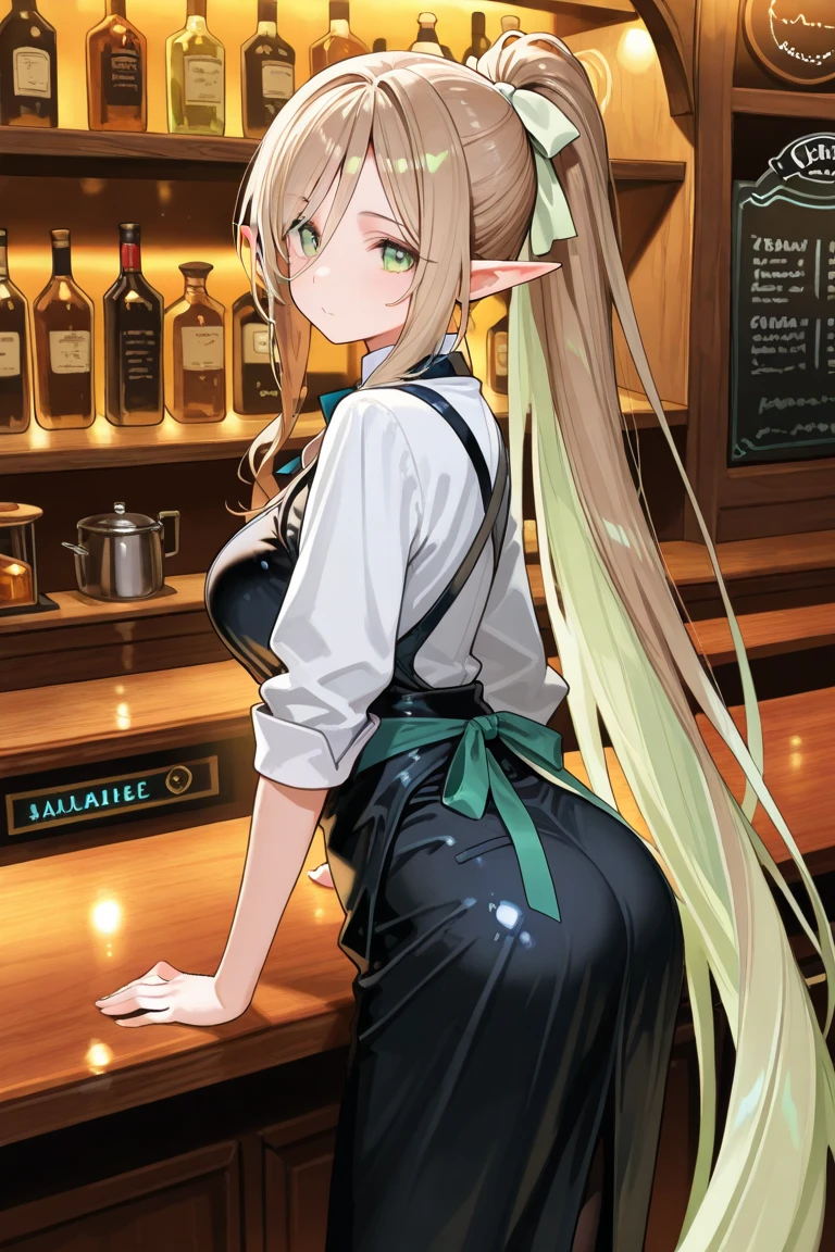 1lady, ears like an elf, medium light green eyes, slightly slanted, ponytail, absurdly long hair, shiny brown hair, light green ribbon, bartender clothes, in a small bar with only one counter, viewer in distance,