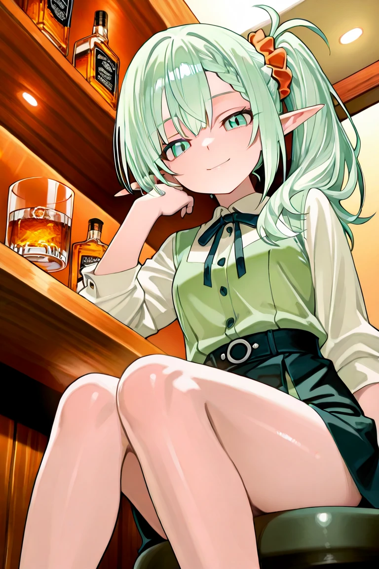Masterpiece beautiful orc woman, Green skin, black long hair, tusks, drinking at a bar, wearing blacksmithing clothes. very strong. fantasy world, fantasy tavern pretty