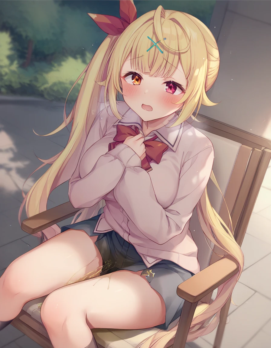 1girl in、A smile、The shirt、skirt by the、（small tits）Chilarism、Japan High School Student Uniform、serafuku、summer clothing、Squall Drenched Uniform、（Sheer Bra）、Upper body portrait、blonde  hair、Squatting panchira、
