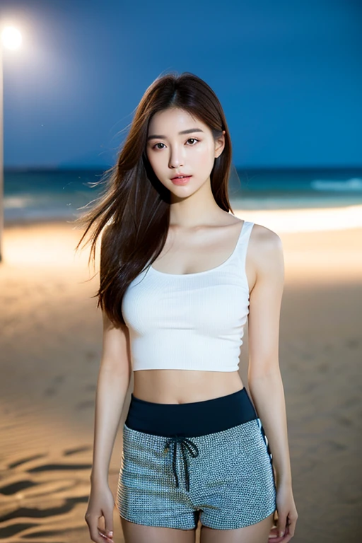 (logo、masterpiece、8k、Tabletop、RAW Photos、wonderful、最high quality、Photorealistic and very detailed CG synthesis 8k wallpaper、high quality、Very detailed、narrative poem、Particle Effects、Dynamic Effects、Depth of written boundary、Cinematic Light、Lens flare、Ray Tracing)、Fantasy、 (One beautiful woman、White Pants、White T-shirt、White tube top、White crop top、Black-haired、Beautiful Face、True Face、Beautiful details、eye、Beautiful Skin、Ultimate Body、glamorouy hair dances in the wind、Hair flutters in Wind、Hair bounces、Seaside、Wonderful views、coastal、sunrise、Sun in the background、Wind、Beach