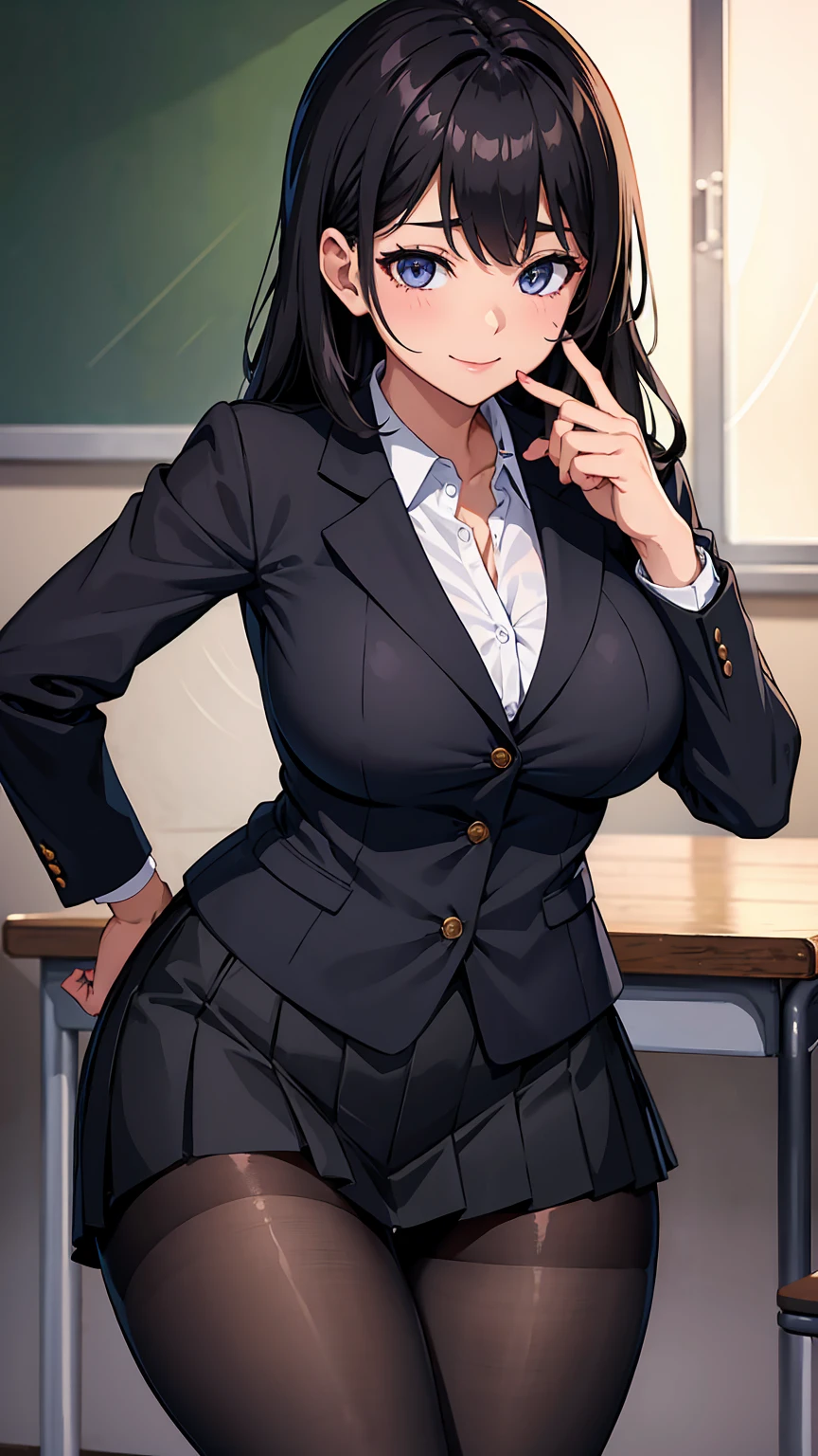 ddlcyuri, ddlcyuri, hair ornament, hairclip, long hair, (purple eyes:1.1), purple hair, grin, smile, hair over eyes, BREAK blazer, blouse, blue skirt, jacket, (brown jacket:1.5), miniskirt, neck ribbon, ribbon, , shirt, skirt, white shirt, wing collar, BREAK looking at viewer, BREAK indoors, classroom, BREAK (masterpiece:1.2), best quality, high resolution, unity 8k wallpaper, (illustration:0.8), (beautiful detailed eyes:1.6), extremely detailed face, perfect lighting, extremely detailed CG, (perfect hands, perfect anatomy),