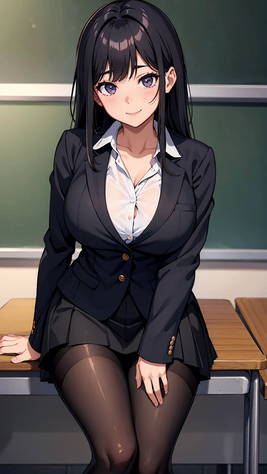 ((masterpiece)), ((Highest quality)), ((Very detailed)), One girl, Black Hair, Long Hair, classroom, Feet Focus, Sit on a chair, Big Breasts, plump, blazer, skirt, pantyhose, panties under pantyhose, Wicked Smile, Looking at the audience, From below, ((Feet close-up)), Steaming body, Sweat, ((Steamed feet)), V-shaped eyebrows, Lift your legs,