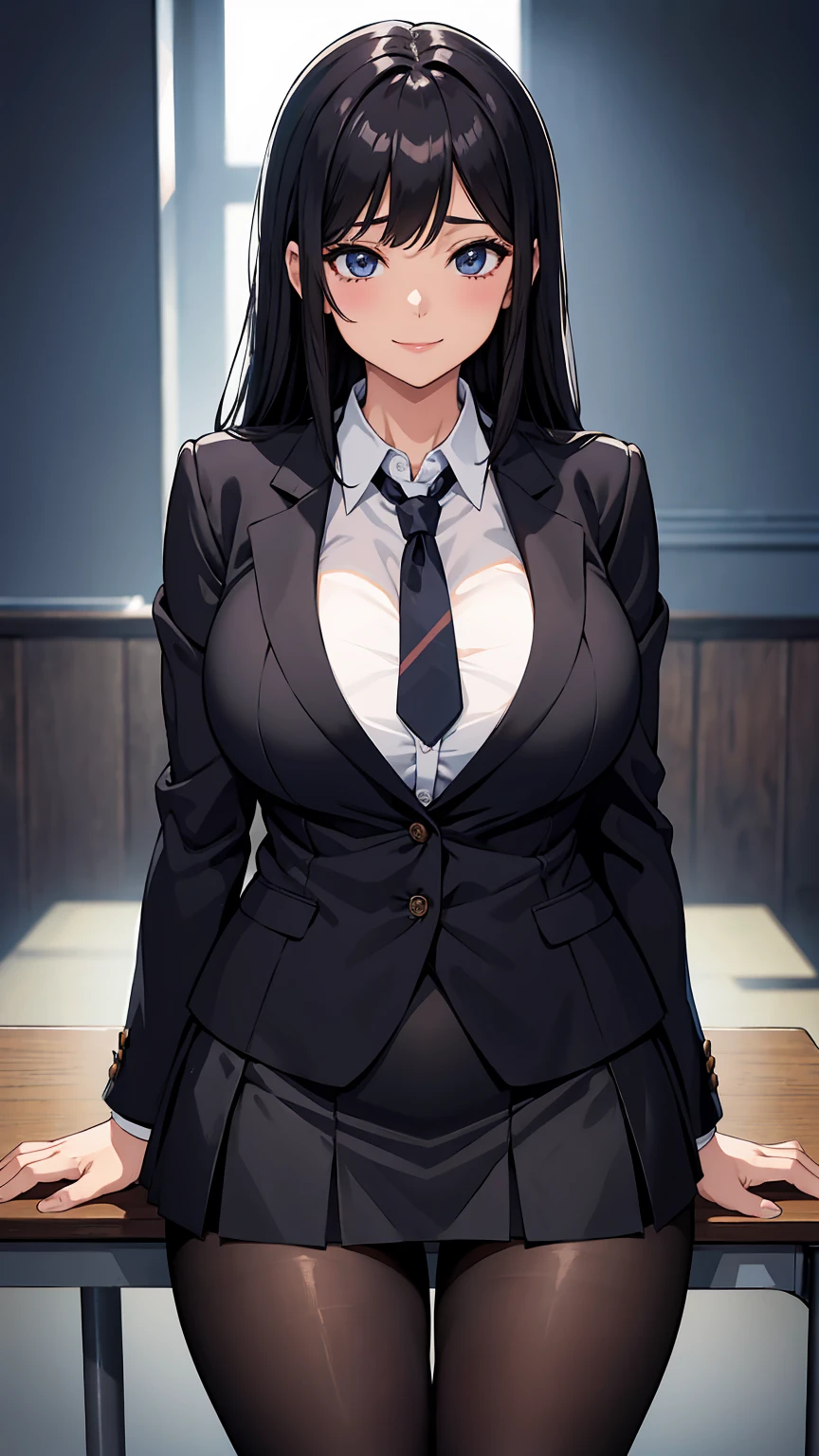 (masterpiece:1.2, highest quality), (Realistic, photoRealistic:1.4), Beautiful illustrations, (Natural Side Lighting, Cinema Lighting), Browsing Caution, 
View your viewers, Cowboy Shot, Front view:0.6, 1 girl, Japanese, teacher, Perfect Face, Cute and symmetrical face, Shiny skin, 
(Long Hair:1.2, ponytail:1.2, amount, Side Lock, Light brown hair), Purple eyes, Long Eyelashes, (big breasts:0.8), 
Beautiful Hair, Beautiful Face, Beautiful fine details, Beautiful clavicle, Beautiful body, Beautiful huge breasts, Beautiful thighs, Beautiful feet, Beautiful fingers, 
((Detailed cloth texture, (Dark grey business suit jacket, Dark Grey Pencil Skirt), lavender turtleneck, High heels), Wayfarer Glasses), 
(Beautiful views), evening, classroom, School, Are standing, (elegant, smile, Upward glance), 