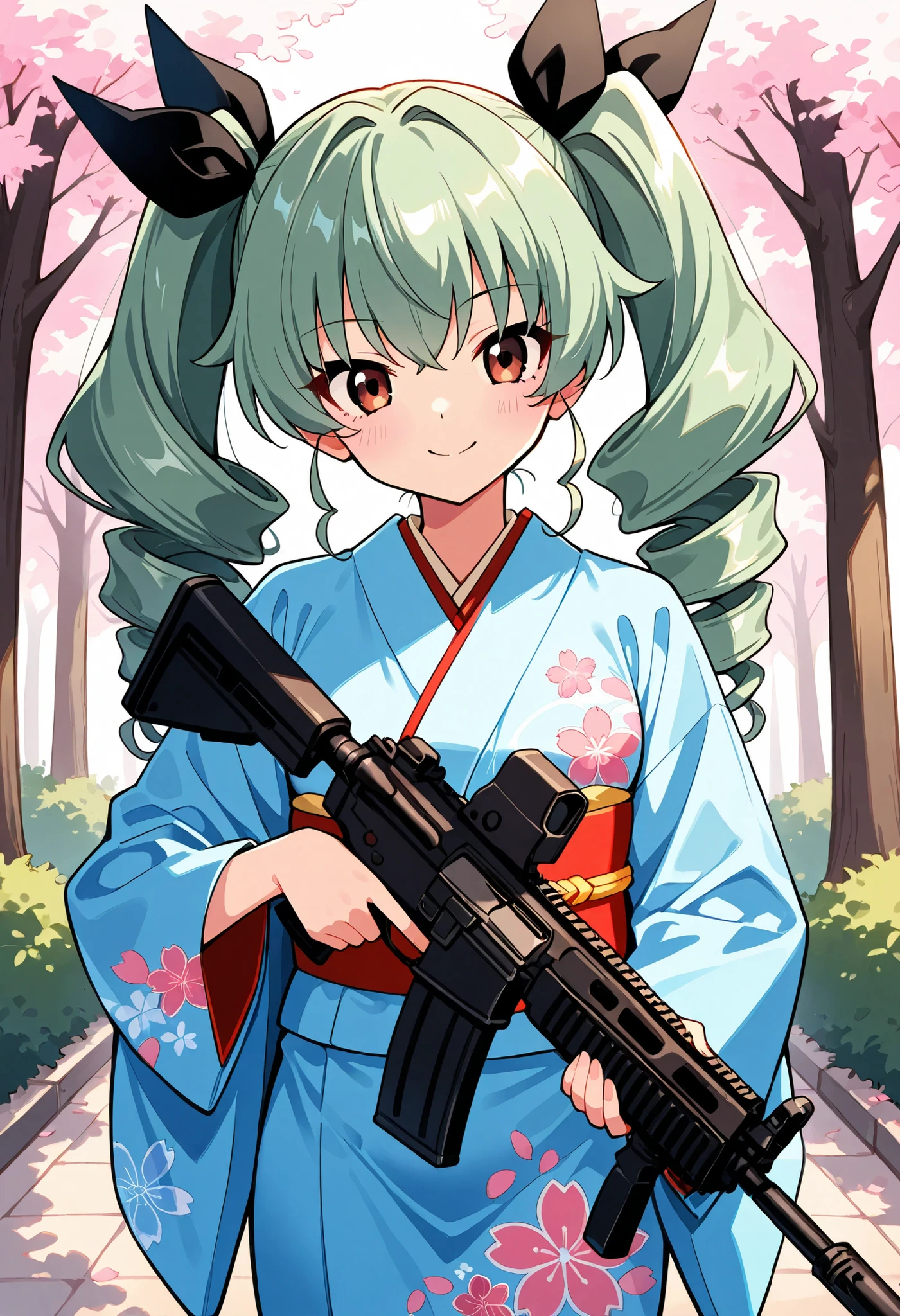 Highest Quality、high resolution、standing、frontal shot、newest, 1 girl on break day, (Has a black assault rifle:1.2) ,anchovy garpan,green hair, long hair, twin drill , Bangs,  hair bow,beautiful brown eyes, light blue kimono (Japanese kimono:1.2), (振袖 cherry blossomsの模様)、cowboy short、During a walk、outdoor、cherry blossoms並木、cherry blossoms