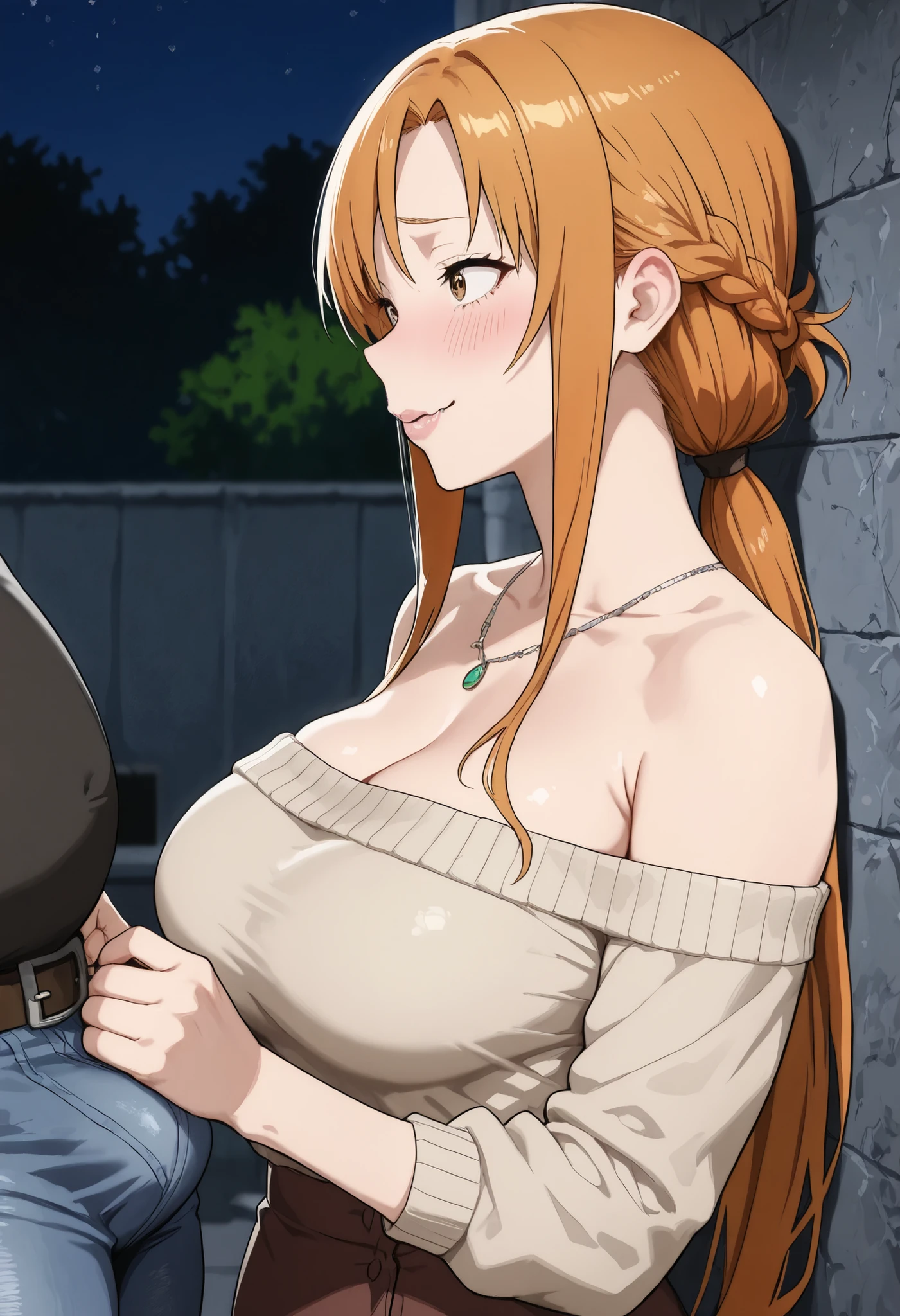 masterpiece, best quality, (amazing quality), very aesthetic, absurdres, newest,highly detailed,high-resolution,close-up portrait,female,air-headed milf,(ohogao face),milf!Yuuki Asuna from SAO,mature woman housewife milf,orange hair,loose low ponytail hair,brown eyes,fair skin,glossy texture,pink lips,simple necklace,loose off-the-shoulder sweater that subtly reveals her collarbone and cleavage, paired with tight-fitting jeans or a short skirt,slum alleyway outdoor background at midnight,focused subject,sharp focus,medium depth of field,cheating-milf,shy excited moaning, motherly and nurturing expression,from the side,clean lines,smooth lines,sharp,masterpiece, best quality, amazing quality, very aesthetic, absurdres, newest, nighttime, night natural lighting, BREAK, eyesHD, high gradient eyes, detailed eyes, high definition eyes, BREAK, medium natural breasts, thick fleshy sexy mommys arms, 1hand grab mans bulge, BREAK, (girl is shy), the balding fat ugly naked old man with receeding hairline behind is totally nudely naked large cock,