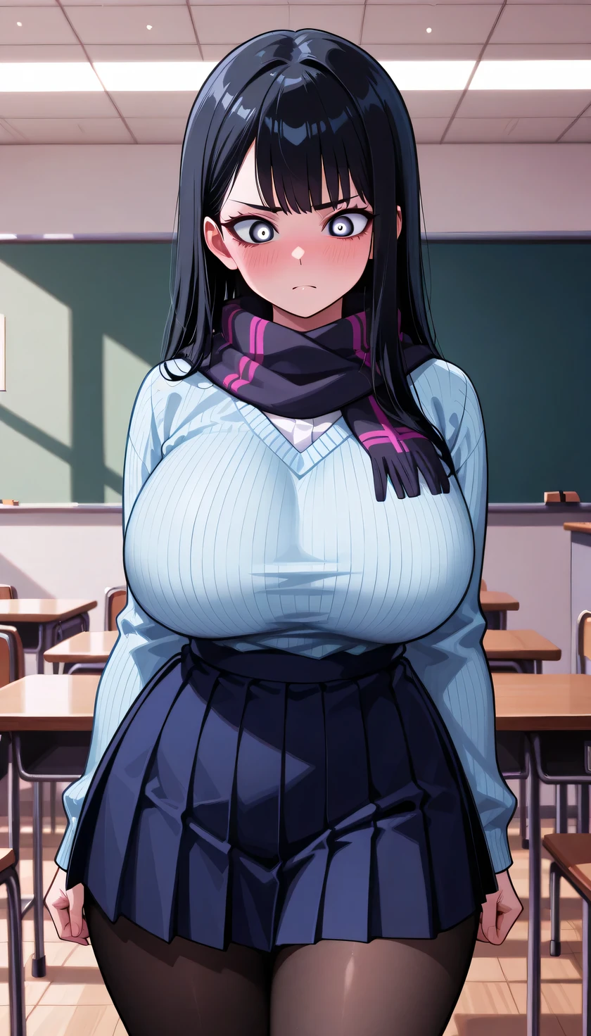 Masterpiece, source_anime, top-quality, perfect anatomically, correct anatomy, sharp focus, 4K, 8K, anime girl, 2D, perfect light, cinematic shadows, highres, beautiful face girl, ultra detail, correct details, perfect details, 1girl, solo, highres, bright skin, long hair, black hair, soft hair, smooth hair, straight hair, straight cut bangs, violet-gray eyes, eyes detailed, eyelashses, sharp eyes, worry eyes, frown, worry expression, close mouth, blushing, curvy, slim waist, tall:1.3, very big breasts, huge breasts, large breasts, huge breasts:2.7, beautiful shape breasts, thick breasts, thick hips, thick thighs, school uniform, white shirt, button-down shirt, scarf, light blue sweater, long sleeves sweater, dark blue skirt, short skirt, pleated skirt, black tights, front view, close up, cowboy shot, dynamic pose, indoor, standing, in classroom, daytime, Kohei Horikoshi Art Style