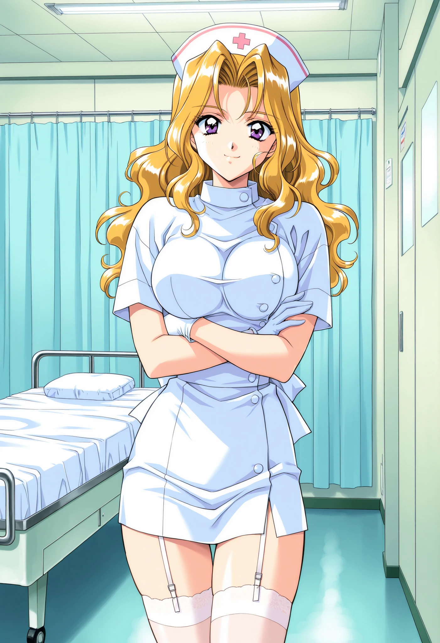 Score_9, score_8_up, score_7_up, source_anime, ShindouReiko, solo, blonde hair, long hair, wavy hair, purple eyes, large breasts, 1990s (style), kadoi aya style, (best quality), (high quality), {masterpiece}, extremely delicate and beautiful, ultra-detailed, beautiful detailed eyes, nurse, nurse hat, ((white nurse's outfit)), white gloves, white thighhighs, hospital room, smile, closed mouth, crossed arms, standing
