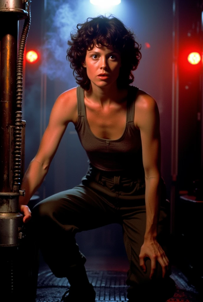 Helen Ripley (appearance: dark disheveled curls, abrasions on the face, sweaty ass) From the movie "Strange", torn dirty clothes, aboard a spacecraft, horor, gloomy atmosphere, Danger, ultradetail, hyper realisitc,  young Sigourney Weaver, Cinematic lighting, real-photo