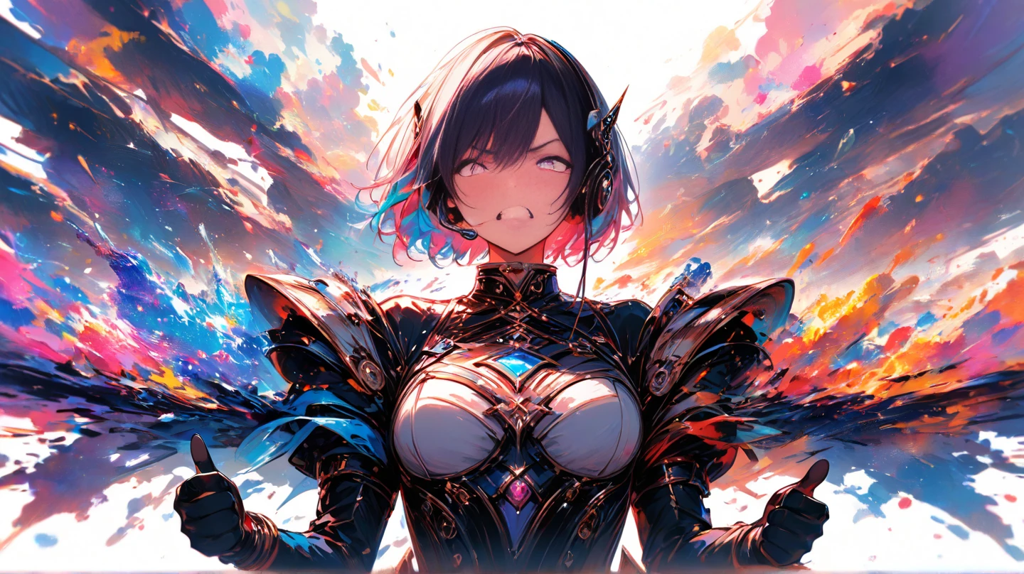Young demigoddess, long black hair with rainbow highlights, golden eyes, armored dress, battle dress, snowy forest, single black wing, spear in hand, tanned skin, rainbow hair strands, hair over one side, volumetric lighting, intricate details, rainbow hair, big wing, front picture, tanned skin, great chest plate, confident, front ligh, arrogant expression, black hair with rainbow highlights, battle dress closed, arrogance, light brown skin, arrogant girl, light dark skin, close up