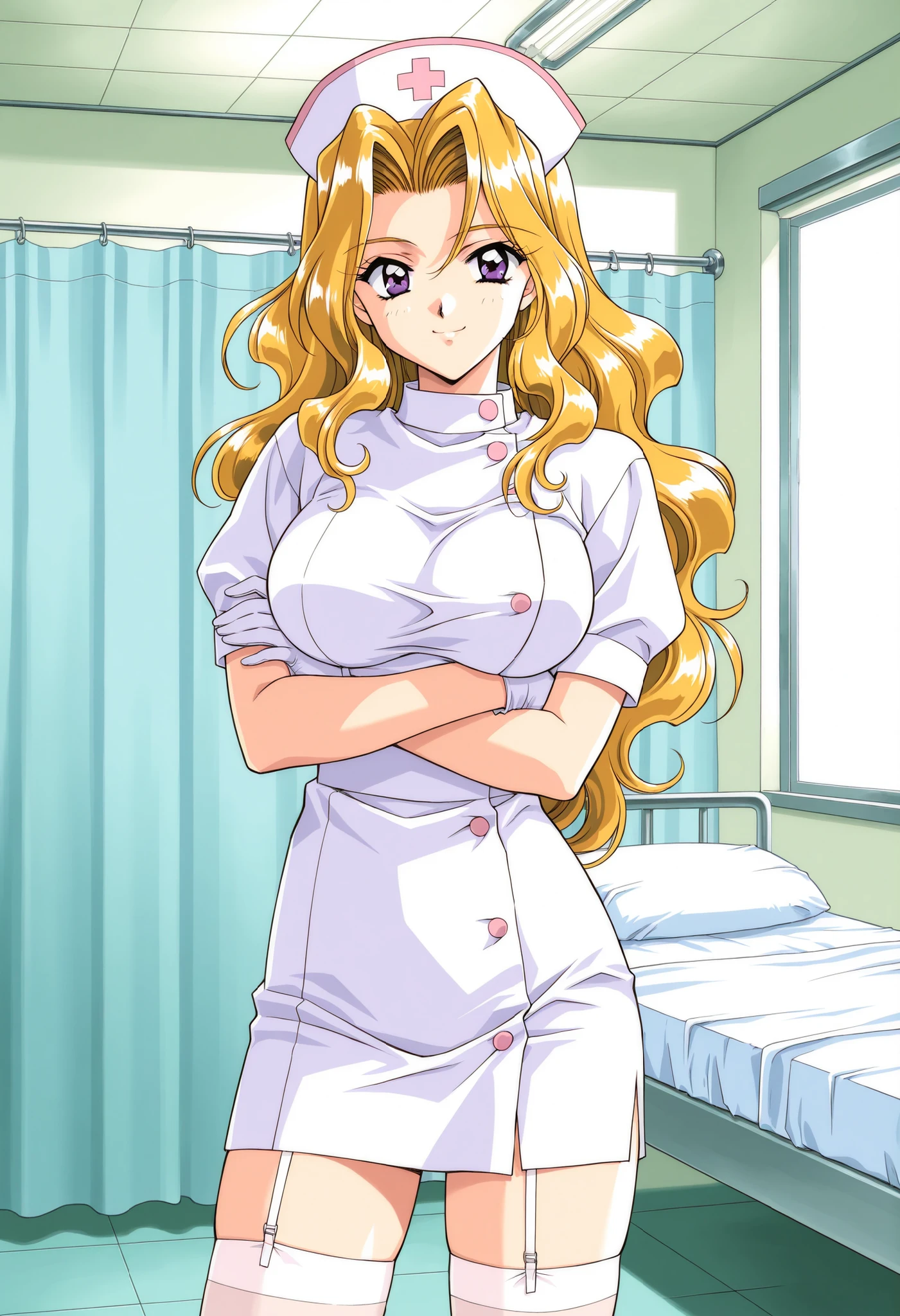 Score_9, score_8_up, score_7_up, source_anime, ShindouReiko, solo, blonde hair, long hair, wavy hair, purple eyes, large breasts, 1990s (style), kadoi aya style, (best quality), (high quality), {masterpiece}, extremely delicate and beautiful, ultra-detailed, beautiful detailed eyes, nurse, nurse hat, ((white nurse's outfit)), white gloves, white thighhighs, hospital room, smile, closed mouth, crossed arms, standing