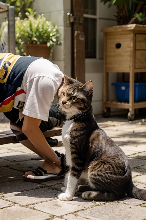 Boy petting a white cat in a café