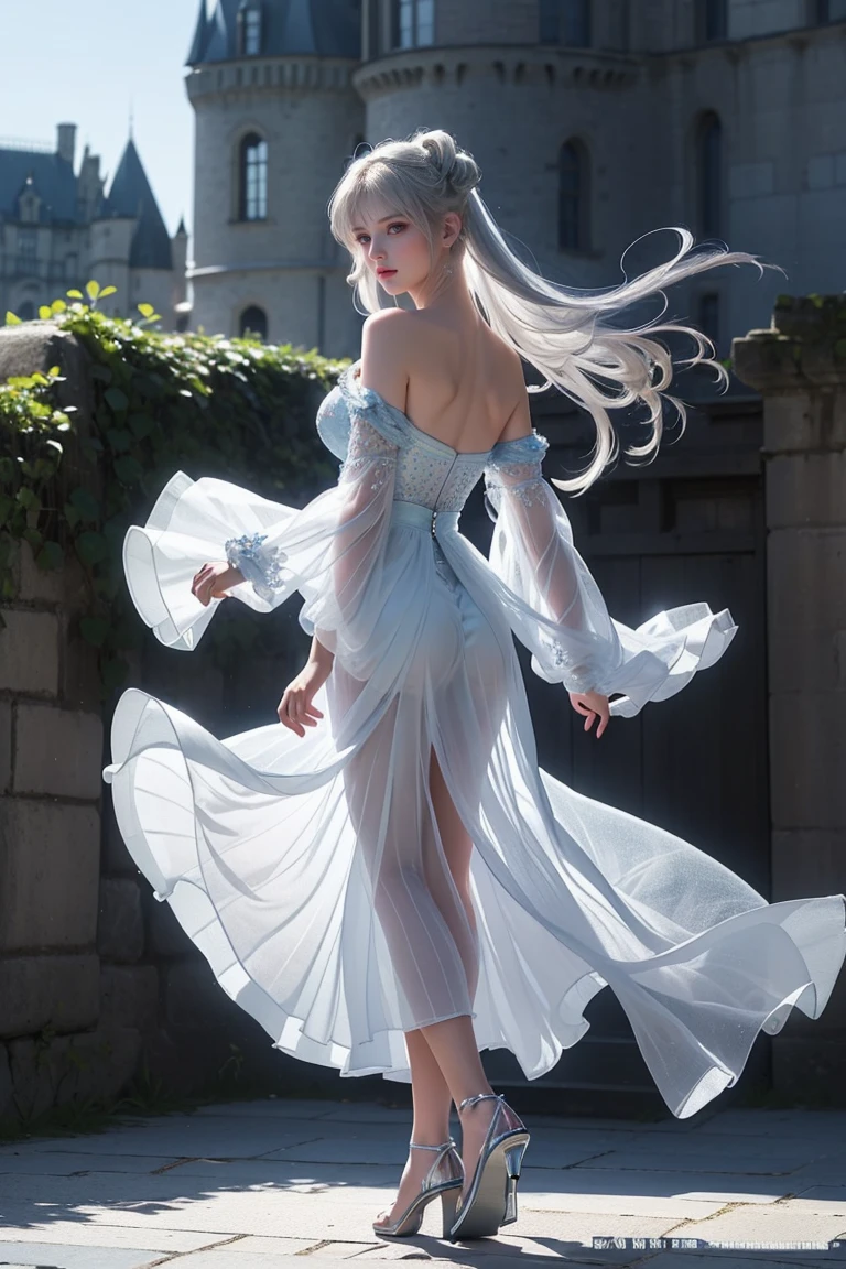 ((Girl standing in front of the castle wall))、Fluorescent color、One Girl、Look to the side、Beautiful Face、Beautiful Eyes、(Big Blue Eyes)(From the shoulder down:1。 2)、(Silver blunt hair)、Shiny Hair、Glowing Skin、Reduce glare、Finger Proportion Adjustment、Escrow、Butt viewpoint、Dynamic Angle、((Master Parts))、((Highest quality))、(((Ultra Details)、(An illustration)、(Detailed light)、(Very delicate and beautiful)、Dramatic Shadows、Ray tracing、reflection、Ultra-high resolution、((Master Parts))、((Highest quality))、((Ultra HD))。 Ultra-high resolution、((Colorful hair and mesh))、Her hair flutters in the wind、(Big deep blue eyes)、Silvery white hair、haired woman、Sparkling Butterfly、Sparkling Butterfly、黒haired woman、Points of light around the woman、Magical Aura、Green dot、The nature of the aura、Magical Aura黒haired woman、 ((Translucent blue one-shoulder dress: 1. 3)、(No sleeve)、((The skirt flutters up in the wind))、((An old European castle stands in the distance))、(Full Body Shot),(Long legs)、(High heels),