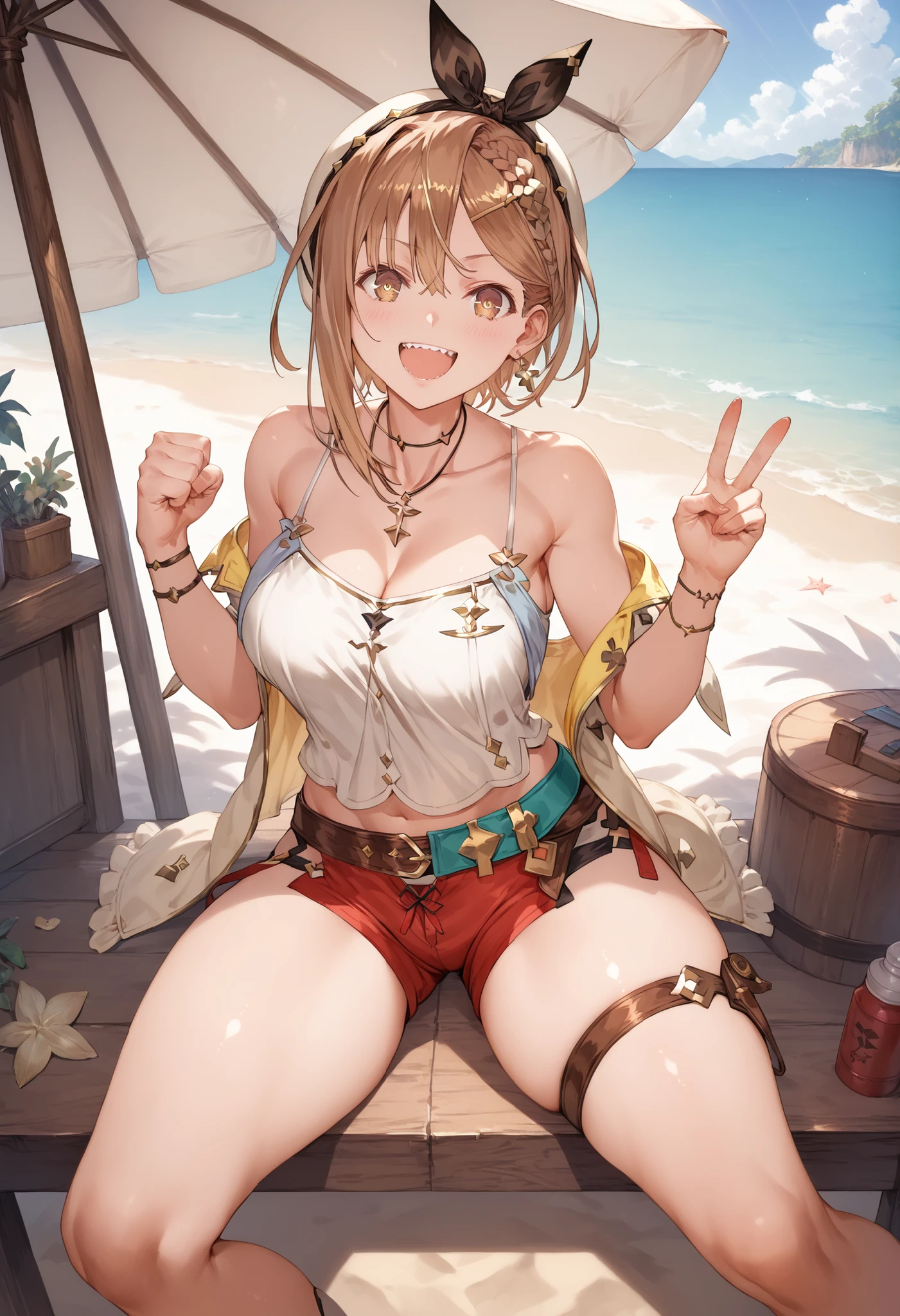 Masterpiece, top quality, Hi-Res, very detailed CG , 2nd Default, asymmetrical design costume, Bare Thighs , belt, chest, teeth, is laughing, beach,1teen young_girl,white_camisole,large_breasts,large_thighs,short_shorts,apart_legs,raise_fist,sitting_on_wood_deck, (pectineus_muscle:0.2),thigh_strap,teeth,(Reisalin_Stout),(\Atelir_Ryza)