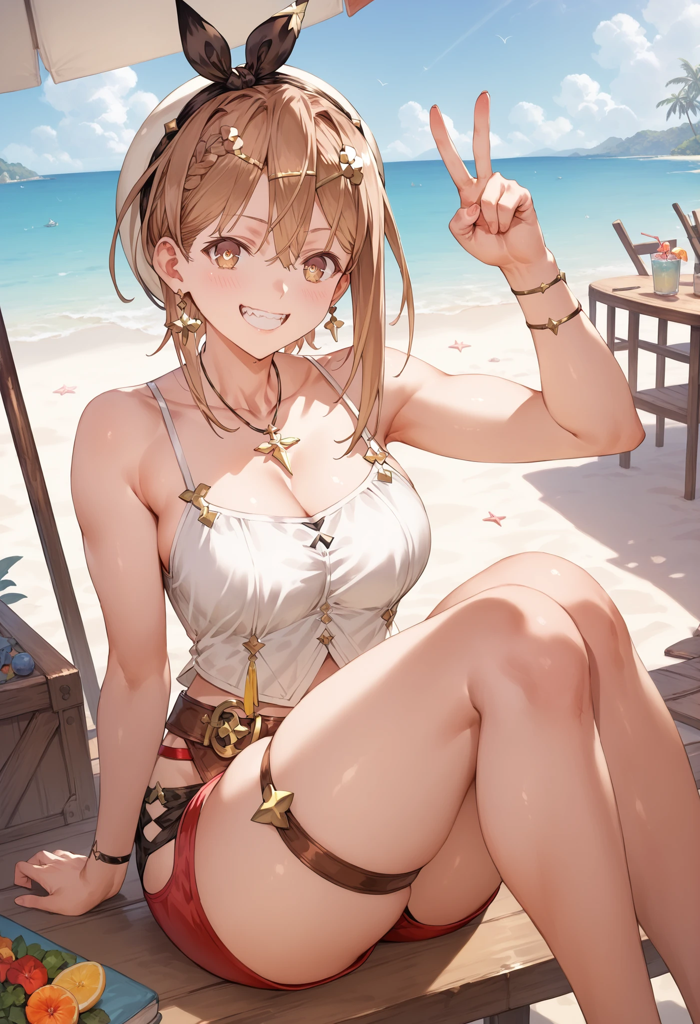  Masterpiece,  top quality,  Hi-Res,   very detailed CG , 2nd Default,   asymmetrical design costume,  Bare Thighs , belt, chest, teeth,  is laughing,  beach,1teen young_girl,white_camisole,large_breasts,large_thighs,short_shorts,apart_legs,raise_fist,sitting_on_wood_deck, (pectineus_muscle:0.2),thigh_strap,teeth,(Reisalin_Stout),(\Atelir_Ryza)
