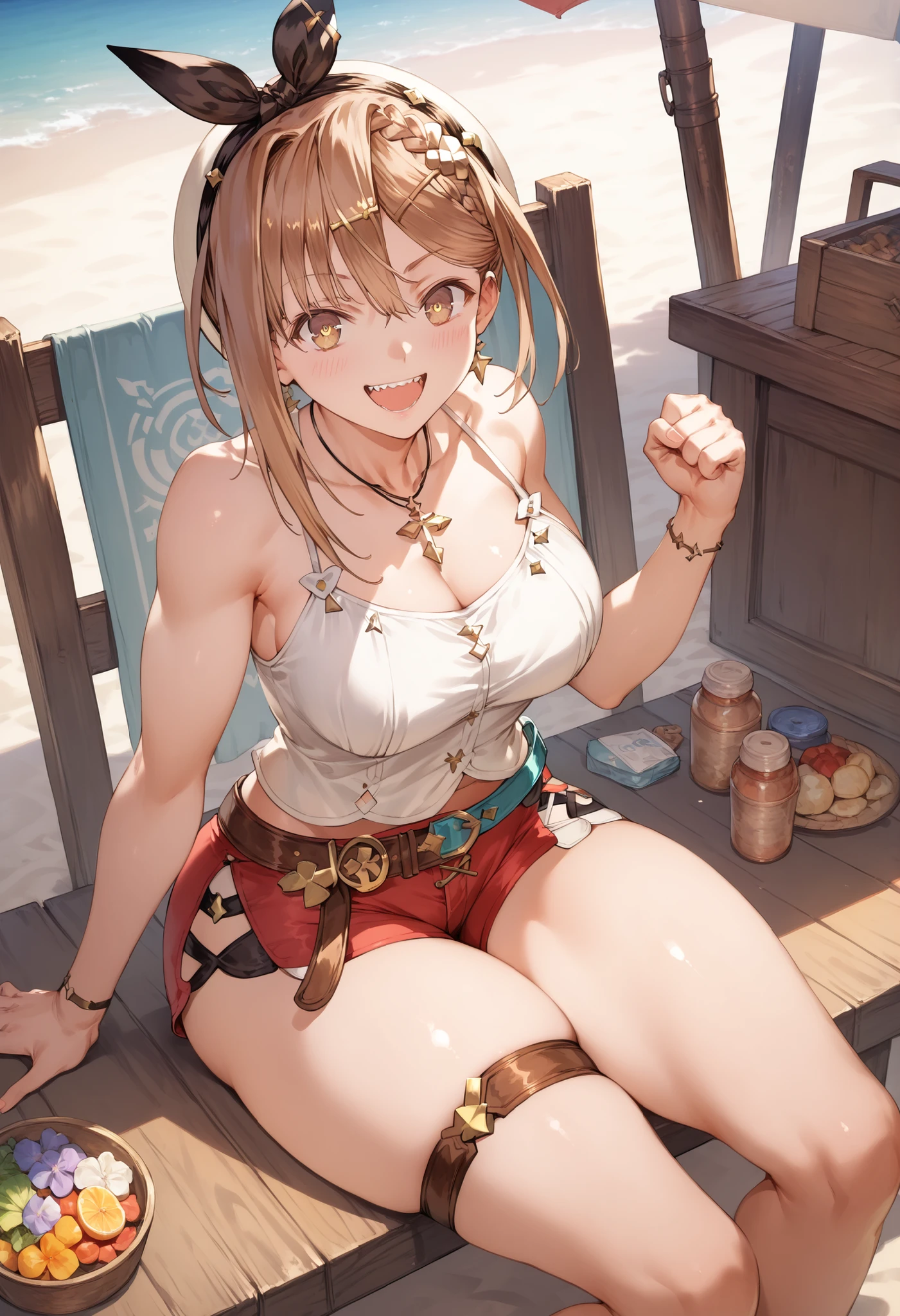 Masterpiece, top quality, Hi-Res, very detailed CG , 2nd Default, asymmetrical design costume, Bare Thighs , belt, chest, teeth, is laughing, beach,1teen young_girl,white_camisole,large_breasts,large_thighs,short_shorts,apart_legs,raise_fist,sitting_on_wood_deck, (pectineus_muscle:0.2),thigh_strap,teeth,(Reisalin_Stout),(\Atelir_Ryza)