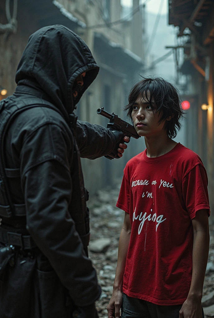 A aggressive boy wearing glasses And rap style dress Holding Gun stand on bodies