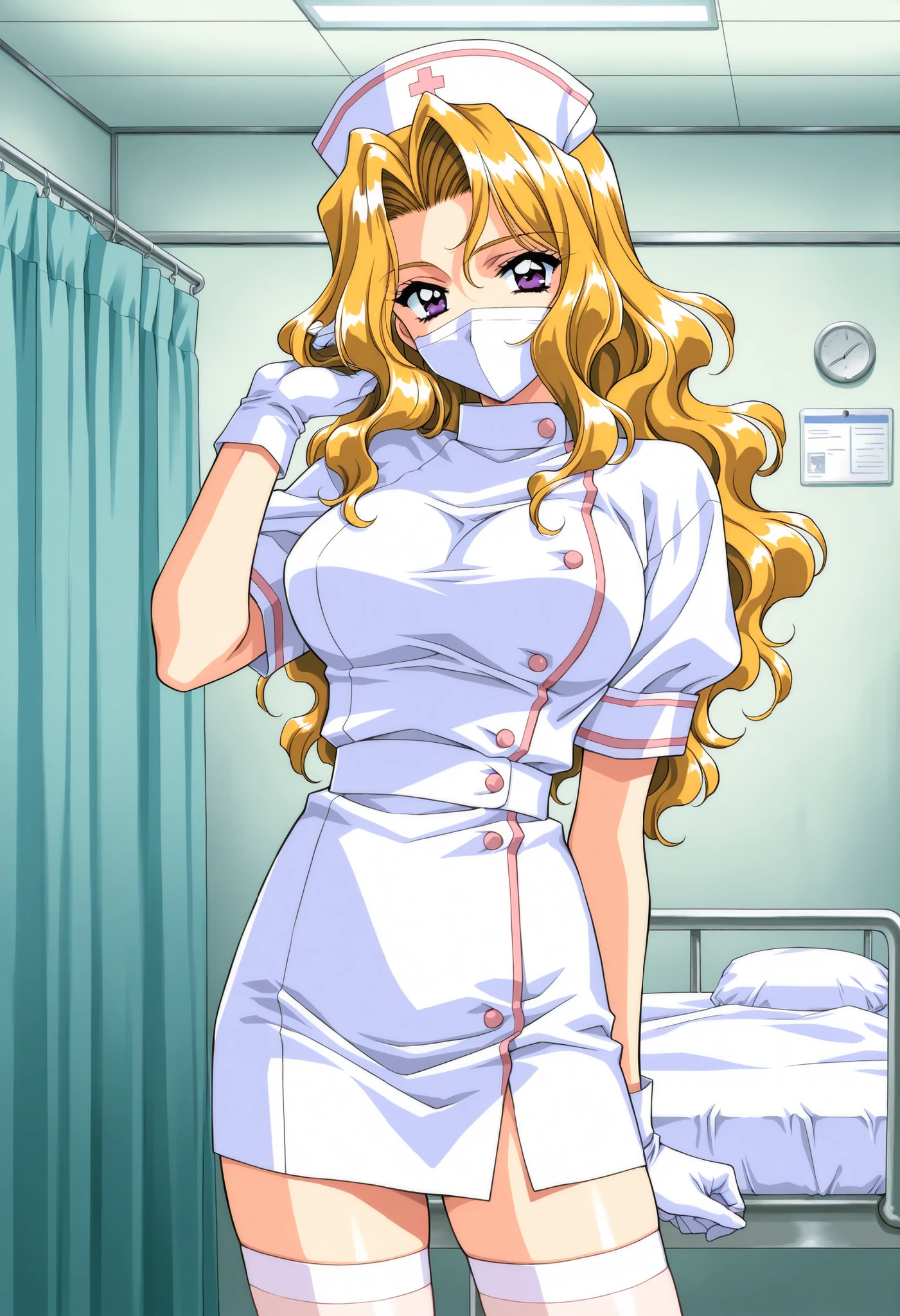 Score_9, score_8_up, score_7_up, source_anime, ShindouReiko, solo, blonde hair, long hair, wavy hair, purple eyes, large breasts, 1990s (style), kadoi aya style, (best quality), (high quality), {masterpiece}, extremely delicate and beautiful, ultra-detailed, beautiful detailed eyes, nurse, nurse hat, ((white nurse's outfit)), white gloves, white thighhighs, hospital room, ((white mask, mouth mask, covered nose)), standing
