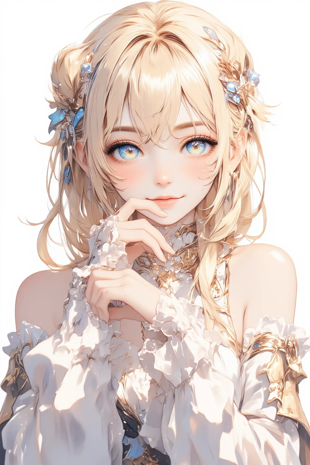 A three-quarter upper body portrait of Escoffier from Genshin Impact, with very long blonde hair and striking blue eyes, standing against a clean white background. She wears an elegant outfit with frilled wrist cuffs and subtle lace accents, evoking a refined and graceful aura. Her eyes sparkle with a tiny heart-shaped symbol, and a soft blush colors her cheeks. One hand is gently raised in a poised gesture, and she offers a warm, closed-mouth smile while gazing directly at the viewer. Her ahoge gently curves upward, adding a playful touch. The lighting is soft and even, highlighting the delicate details in her frills and hair. Rendered in a clean anime art style with smooth linework and vibrant colors, emphasizing charm and elegance.