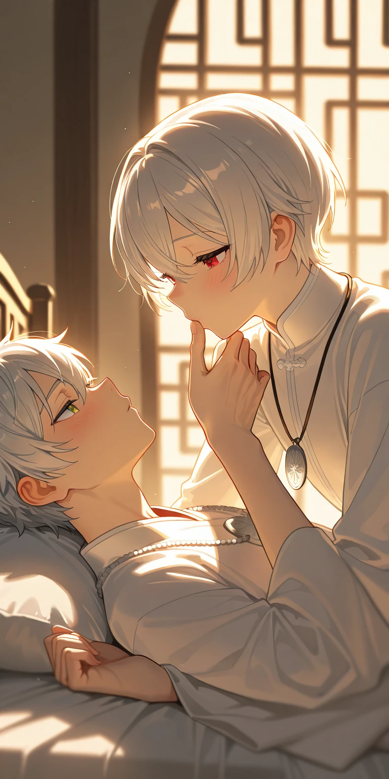 A man with short white hair,Wearing a red wedding dress,Lie down in bed,Frow and close your eyes,open lips, is shy,A look of enjoyment,,Vista display
