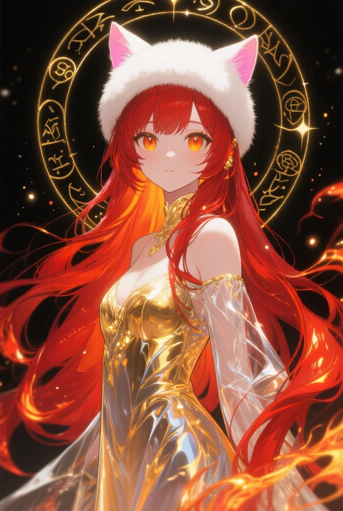 A kitsune, a Yōkai that appears as a beautiful man that can shift into a fox spirit. Heappears as an 18 year old. In his human form, has long, red fox ears and nine golden fox tails has short red hair has one red eye and one golden eye has a small feminine body has canines. He is wearing a white and red robe off shoulders and is wearing a golden bra and black and red stringed panties the strings are being connected by two rubies on each side. Also wearing an anklet.