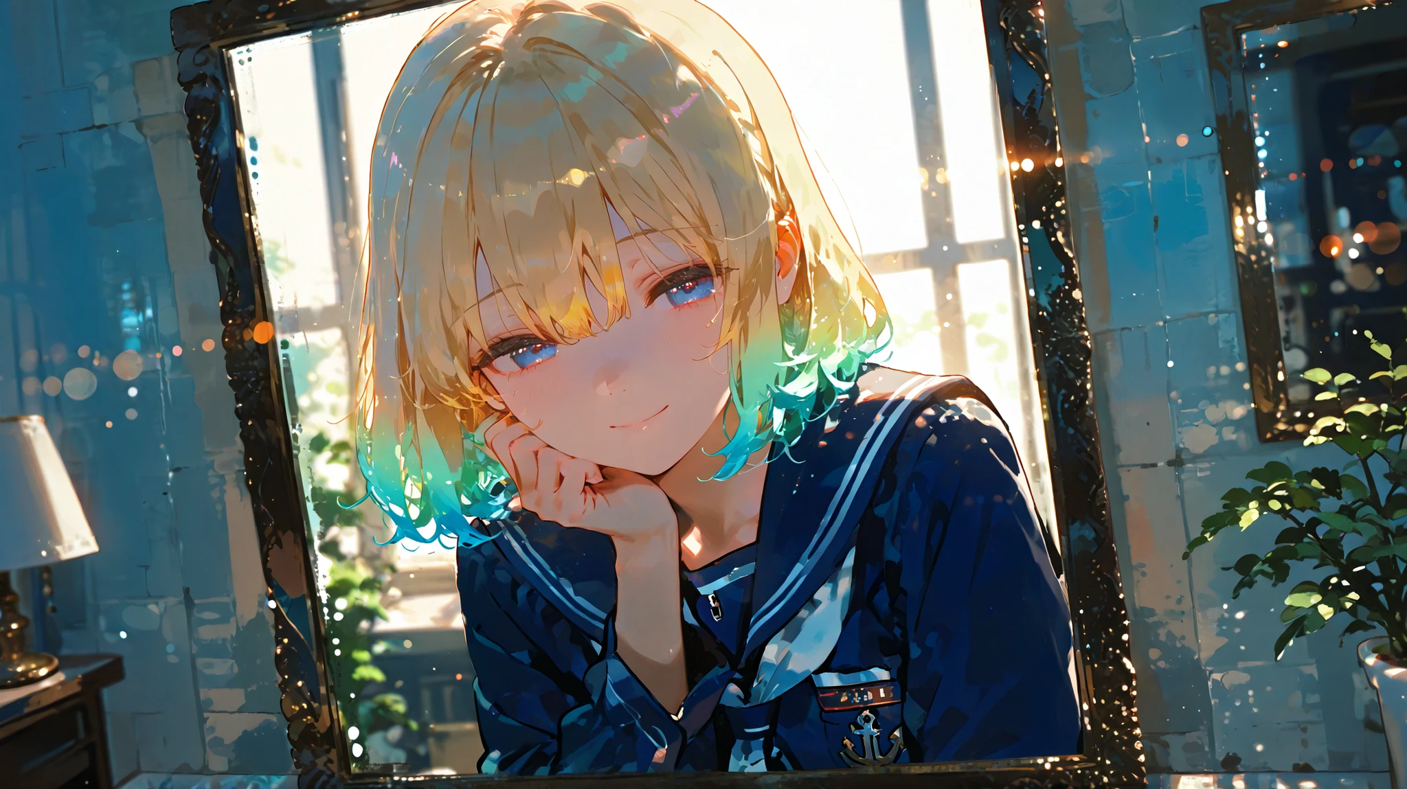 1girl, vivit colors, blond hair, multicolored hair,navy school uniform, cinematic lighting, cinematic angle, soft light, color detail, backlighting, Depth of field, long exposure, light steps, intricate colors, vibrant colors, 748cmstyle, A girl looking at herself in the mirror, gently smiling as she touches an old scar. Her expression is soft and calm, accepting her past. She places a hand on the mirror as if telling herself “It’s okay.” The mood is peaceful and self-accepting.