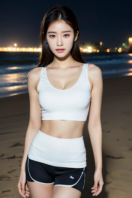 A girl with black hair stands on the beach，Wearing a white navel-baring tube top and white tight yoga pants，
