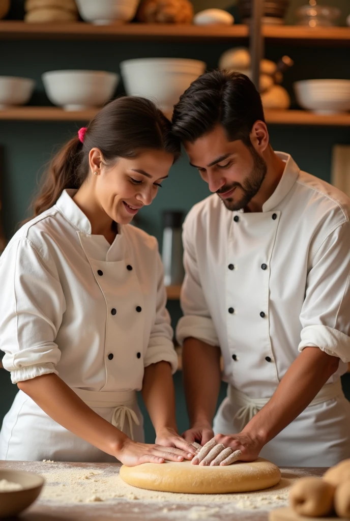 A pastry woman who is light brown who is baking something, Make him look very happy and it shows that he enjoys what he does. 