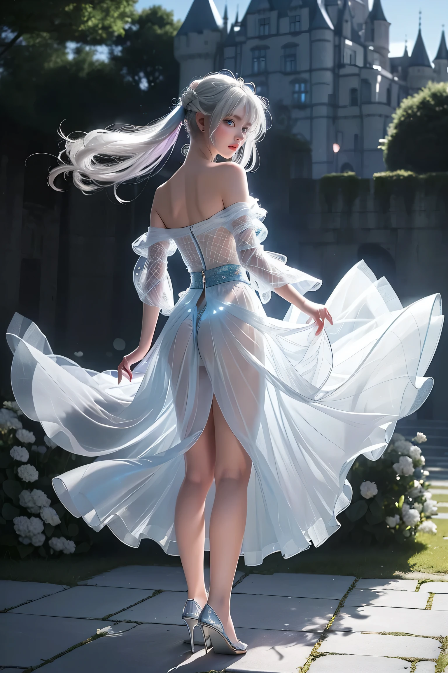 ((Girl standing in front of the castle wall))、Fluorescent color、One Girl、Look to the side、Beautiful Face、Beautiful Eyes、(Big Blue Eyes)(Rear view)、(look back)、(Silver blunt hair)、Shiny Hair、Glowing Skin、Reduce glare、Finger Proportion Adjustment、Escrow、Butt viewpoint、Dynamic Angle、((Master Parts))、((Highest quality))、(((Ultra Details)、(An illustration)、(Detailed light)、(Very delicate and beautiful)、Dramatic Shadows、Ray tracing、reflection、Ultra-high resolution、((Master Parts))、((Highest quality))、((Ultra HD))。 Ultra-high resolution、((Colorful hair and mesh))、Her hair flutters in the wind、(Big deep blue eyes)、Silvery white hair、haired woman、Sparkling Butterfly、Sparkling Butterfly、黒haired woman、Points of light around the woman、Magical Aura、Green dot、The nature of the aura、Magical Aura黒haired woman、 ((Translucent blue one-shoulder dress: 1. 3)、(No sleeve)、((The skirt flutters up in the wind))、((An old European castle stands in the distance))、(White panties are visible)、(Full Body Shot),(Long legs)、(High heels),