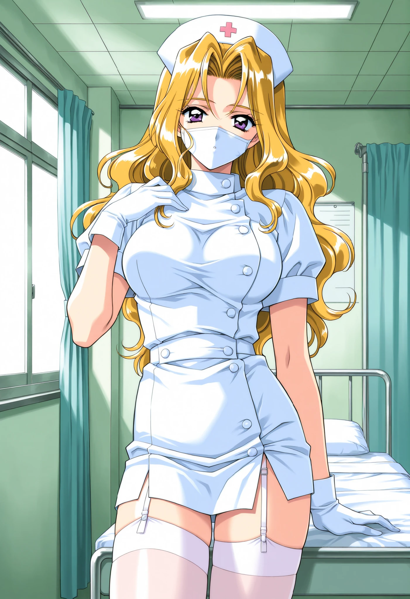 Score_9, score_8_up, score_7_up, source_anime, ShindouReiko, solo, blonde hair, long hair, wavy hair, purple eyes, large breasts, 1990s (style), kadoi aya style, (best quality), (high quality), {masterpiece}, extremely delicate and beautiful, ultra-detailed, beautiful detailed eyes, nurse, nurse hat, ((white nurse's outfit)), white gloves, white thighhighs, hospital room, ((white mask, mouth mask, covered nose)), standing