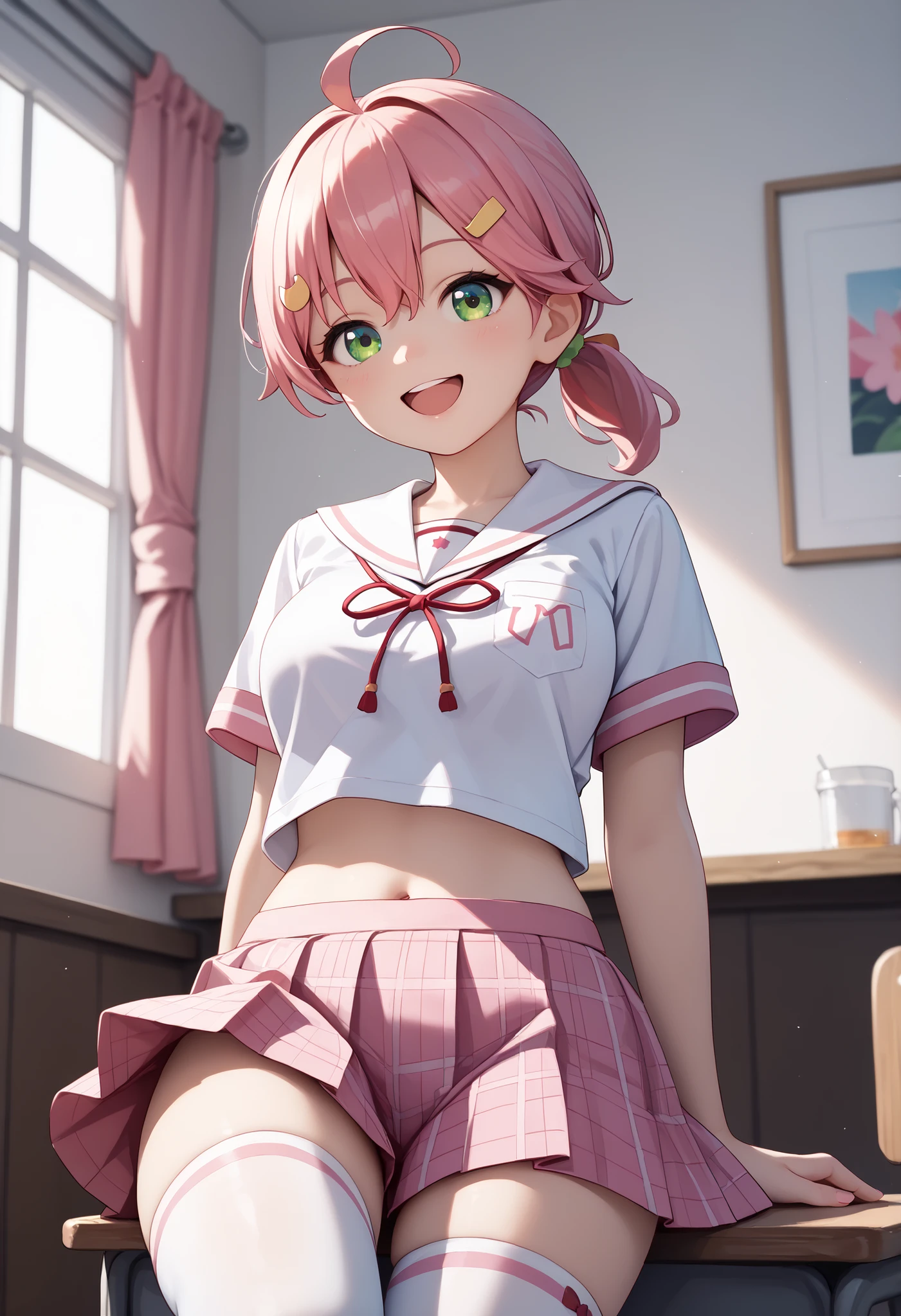 masterpiece, best quality, 1 _girl, solo, MikoSchool,ahoge,pink_hair,(short_ponytail:1.3), hairclip, white shirt, sailor_collar, pink_skirt, plaid, white_thighhighs, short_sleeves, looking through legs,big_smile,large_breasts,midriff,happy, excited,open_mouth,large_droopy_eyes