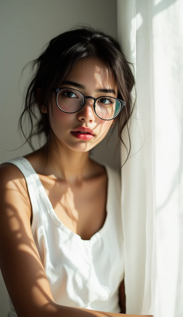 A  with long black hair braided in two long braids, of a fragile, very thin build, wears loose clothes that hide her thinness, wears glasses. Small stature, green eyes.. Sexy, big bruises on her wrists.