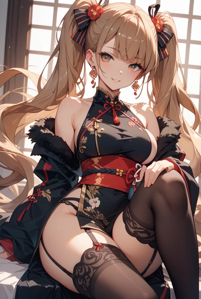 masterpiece,best quality,very detailed,single girl (Sakurai Momoka,slender sexy body,nice big ,wavy hair,long hair,blond,headband,pink flower in hair,green eyes),bright face,light smile,lips parted,nose blushing,blushing,facing audience,showing viewer,head tilted,alone,red cheongsam,see-through,long dress,see-through,sleeveless,black lace knee socks,in living room,standing,seductive sexy waist,closed eyes,tears in eyes,mouth open,saliva residue,wet skirt hem,sticky panties,bulge in vibrator cord,vibrator with garters,pussy visible,vaginal opening visible,vagina visible,vagina visible