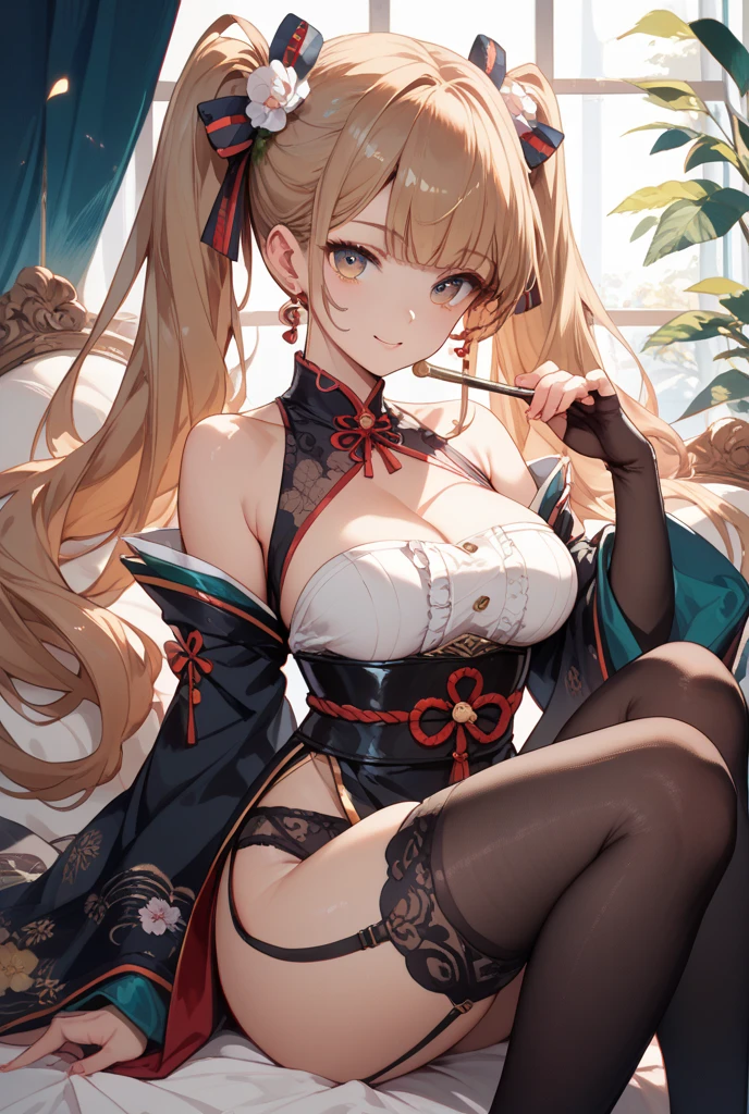 (masterpiece, best quality) detailed, Wearing black tights, silver accessories , Blonde ,elegant, Pointed ears ,Chinese element pattern,Exposing thighs,Clothes are torn,Single Breast